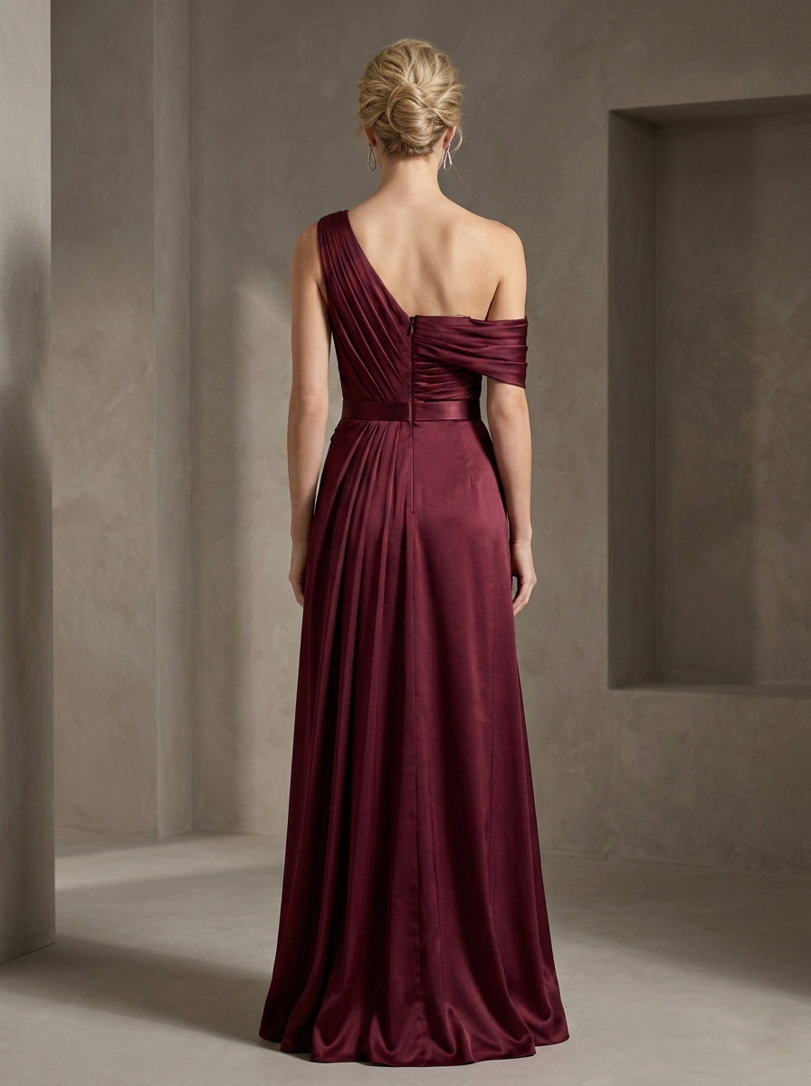 One-Shoulder Pleated Satin Evening Gown