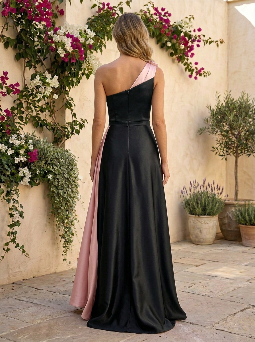 One-Shoulder Colorblock Satin Evening Gown