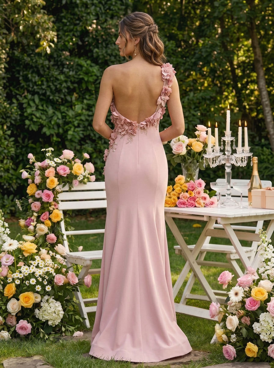 产品标题： One Shoulder Floral Applique Fishtail Evening Gown
