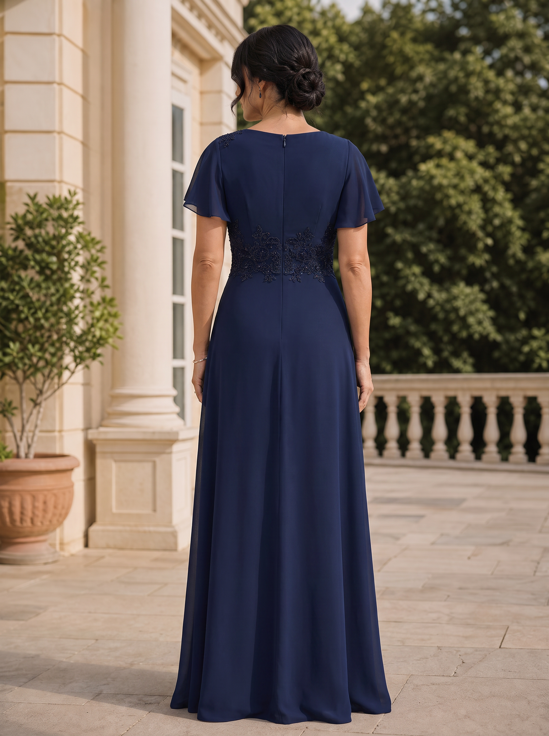 Navy Blue Chiffon Flutter Sleeve Evening Gown With Beaded Waist