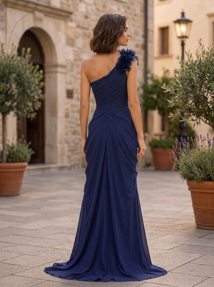 One Shoulder Chiffon Evening Gown With Floral Applique And Draped Bodice