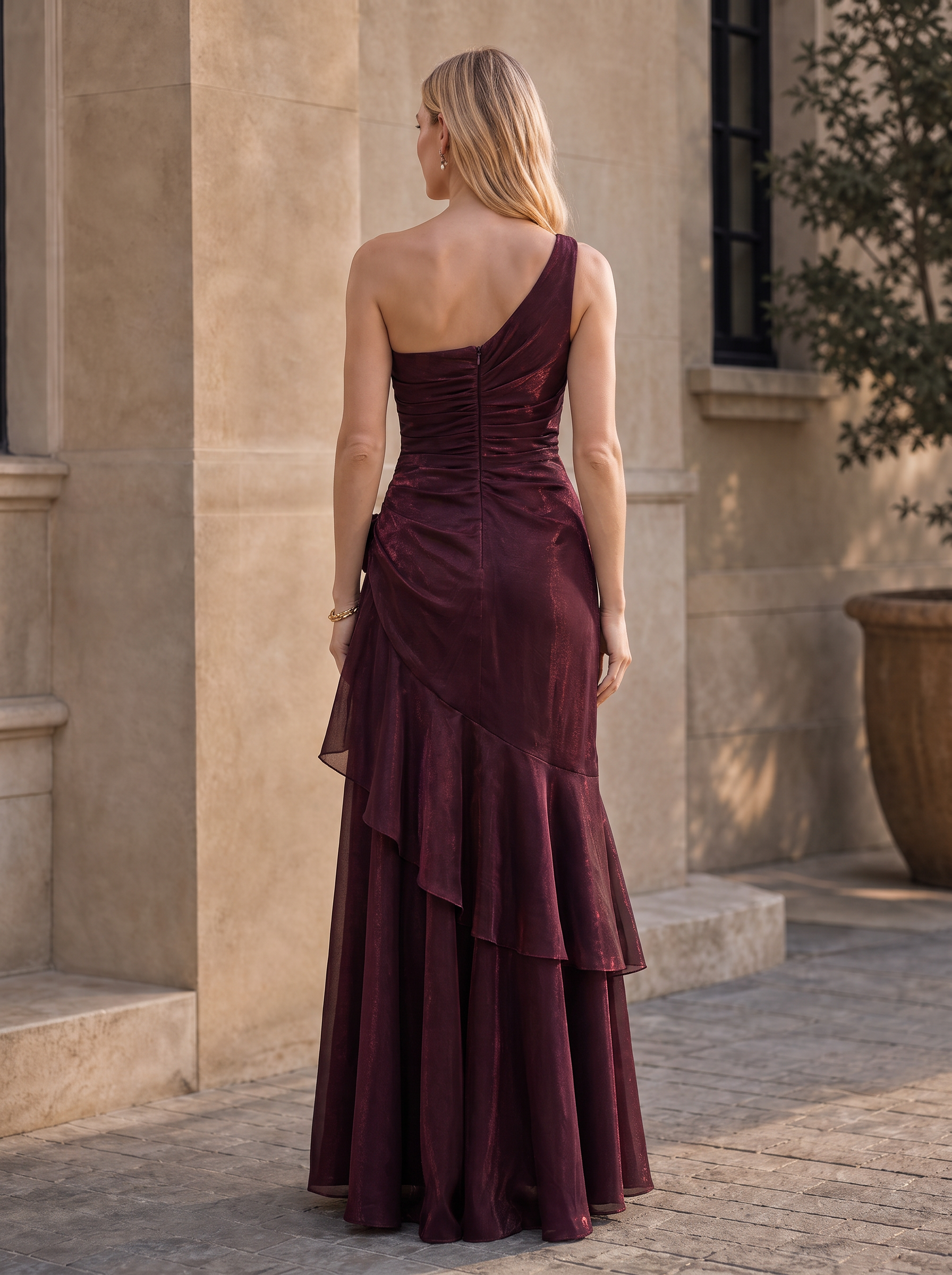 One Shoulder High Low Metallic Organza Evening Gown With Ruffled Cascade