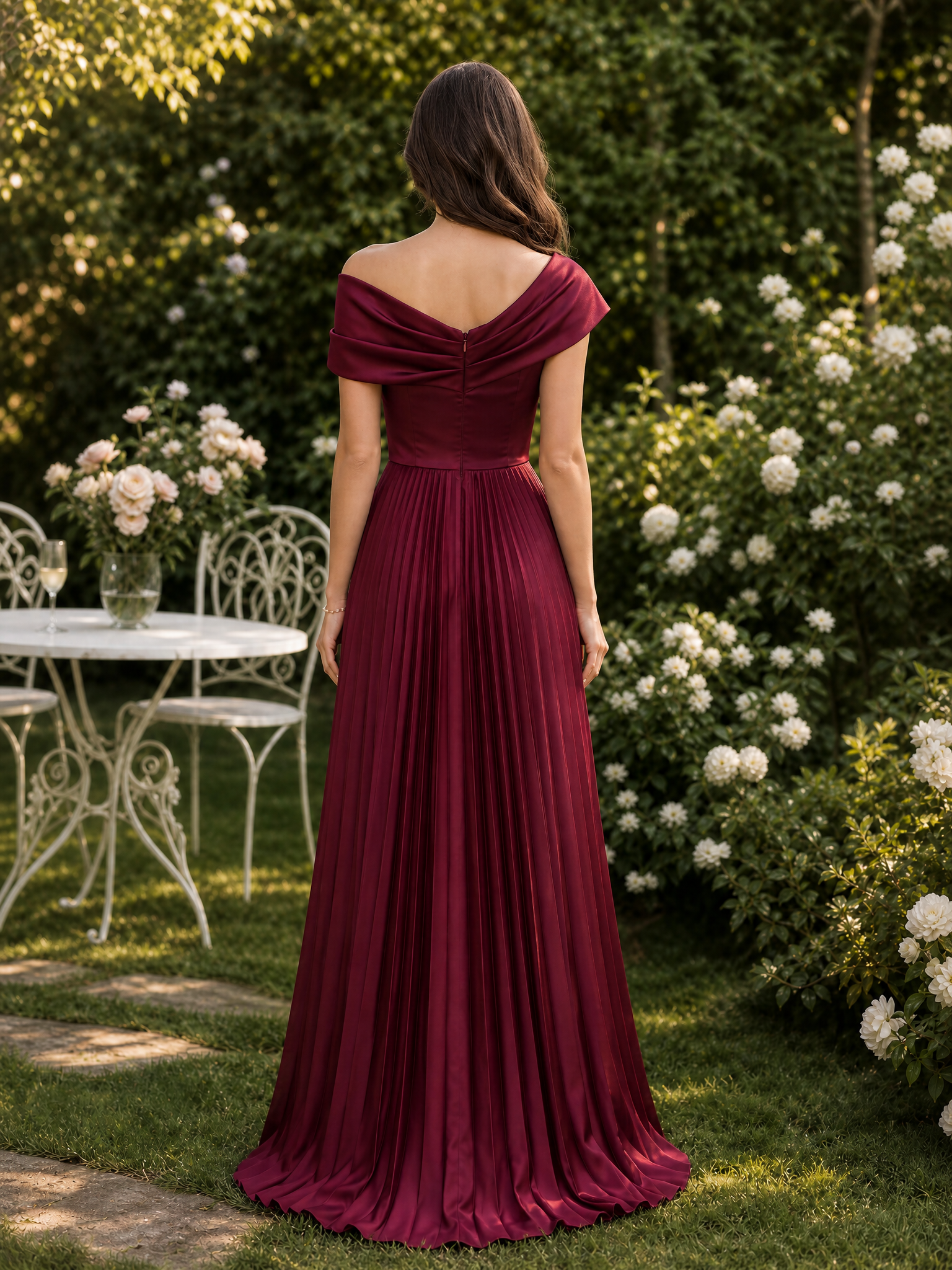 Off Shoulder Pleated Satin Evening Gown With High Low Hem