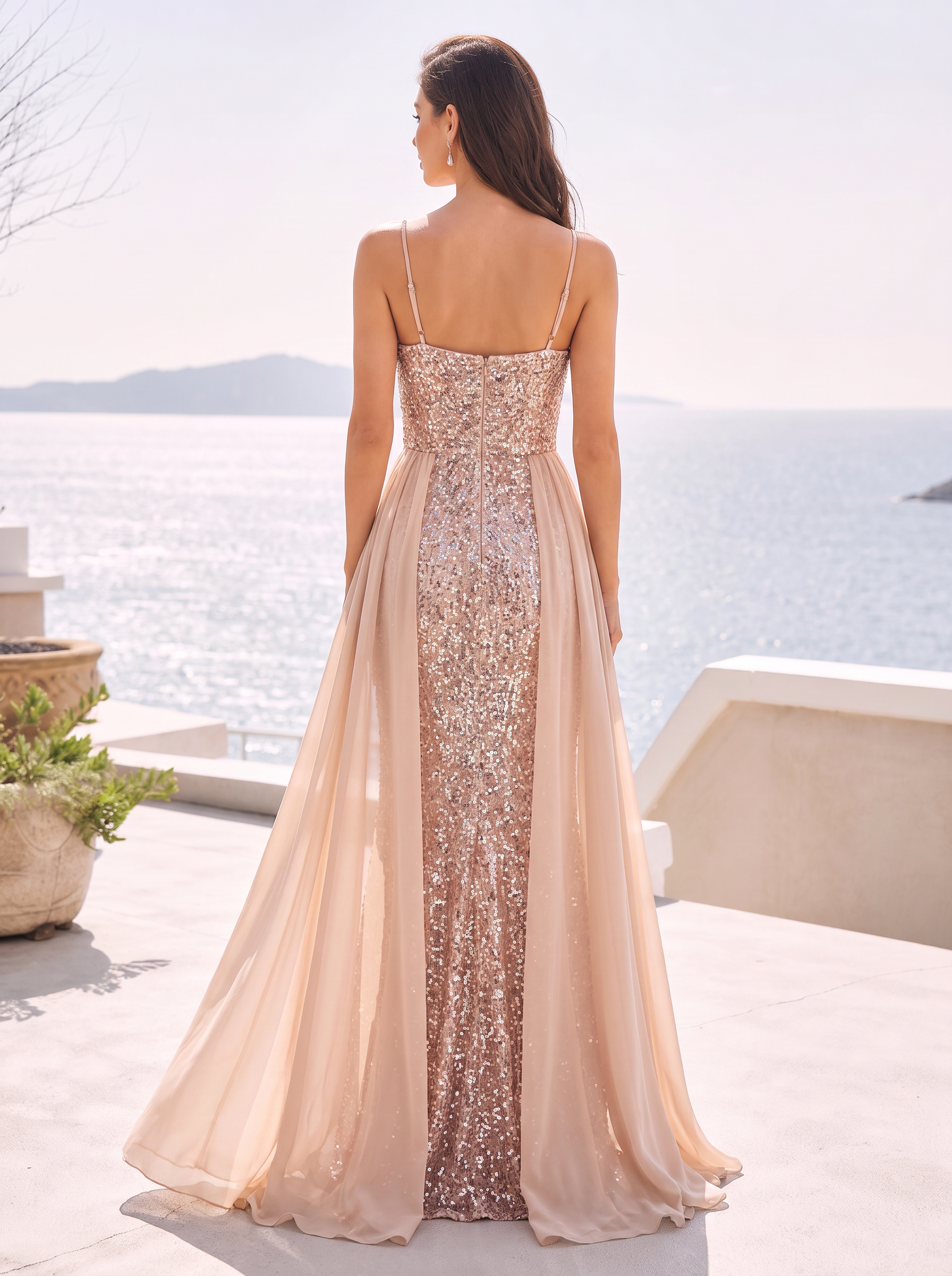 Spaghetti Strap Sequin Cowl Neck Evening Gown With Overly Skirt