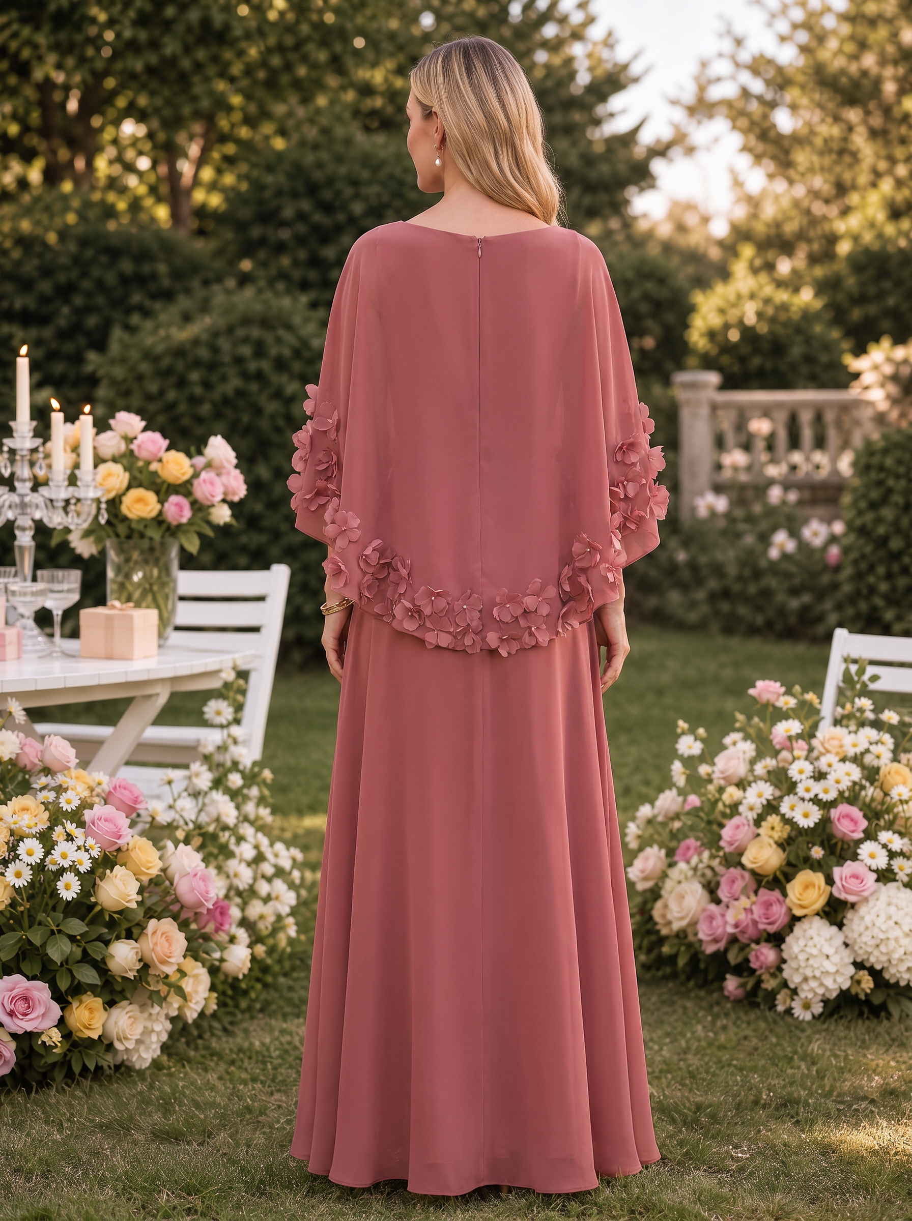Applique Capelet Chiffon Floor Length Mother Of The Bride Dress