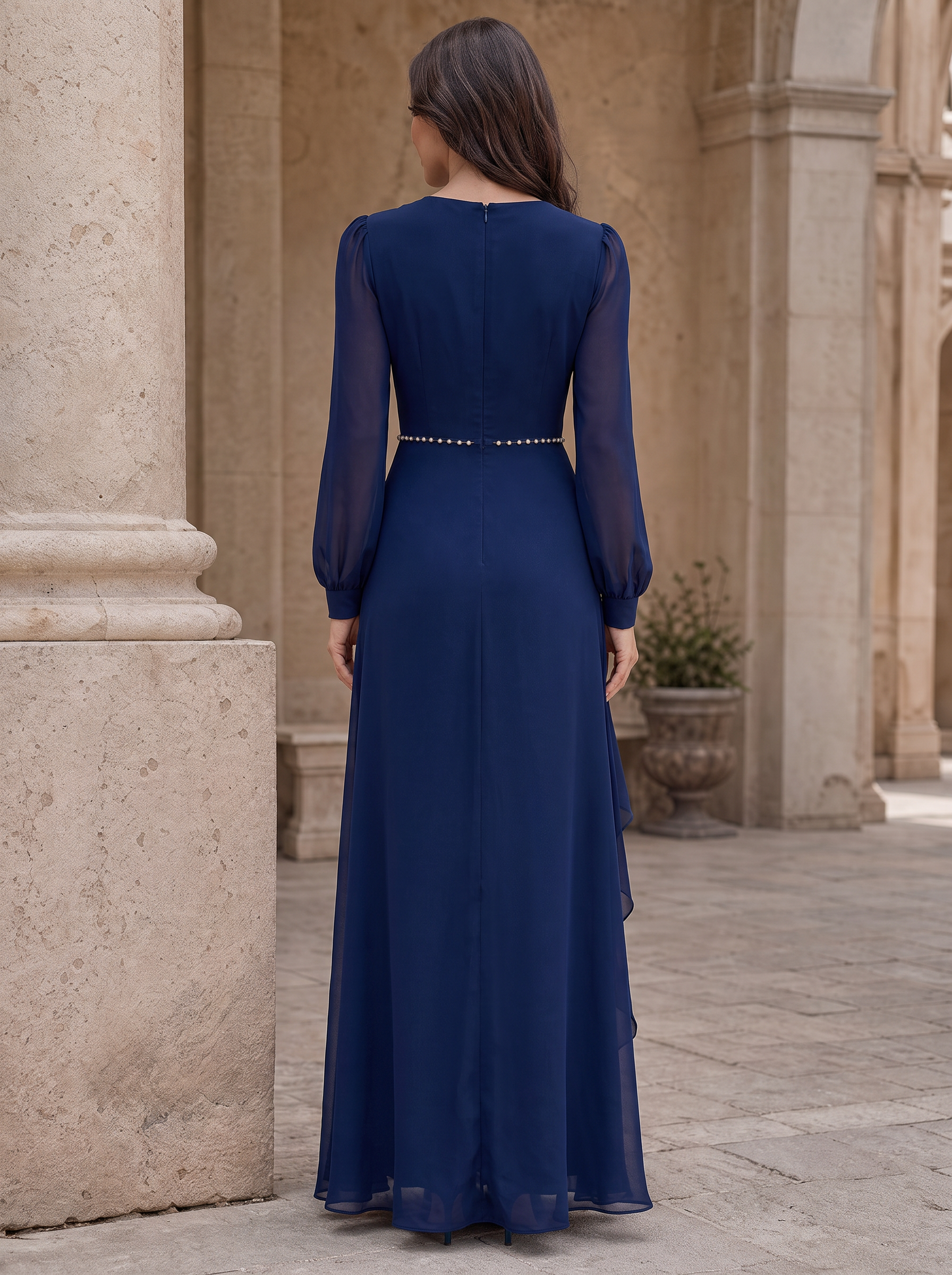 Beaded Waist Chiffon Long Sleeve Evening Gown