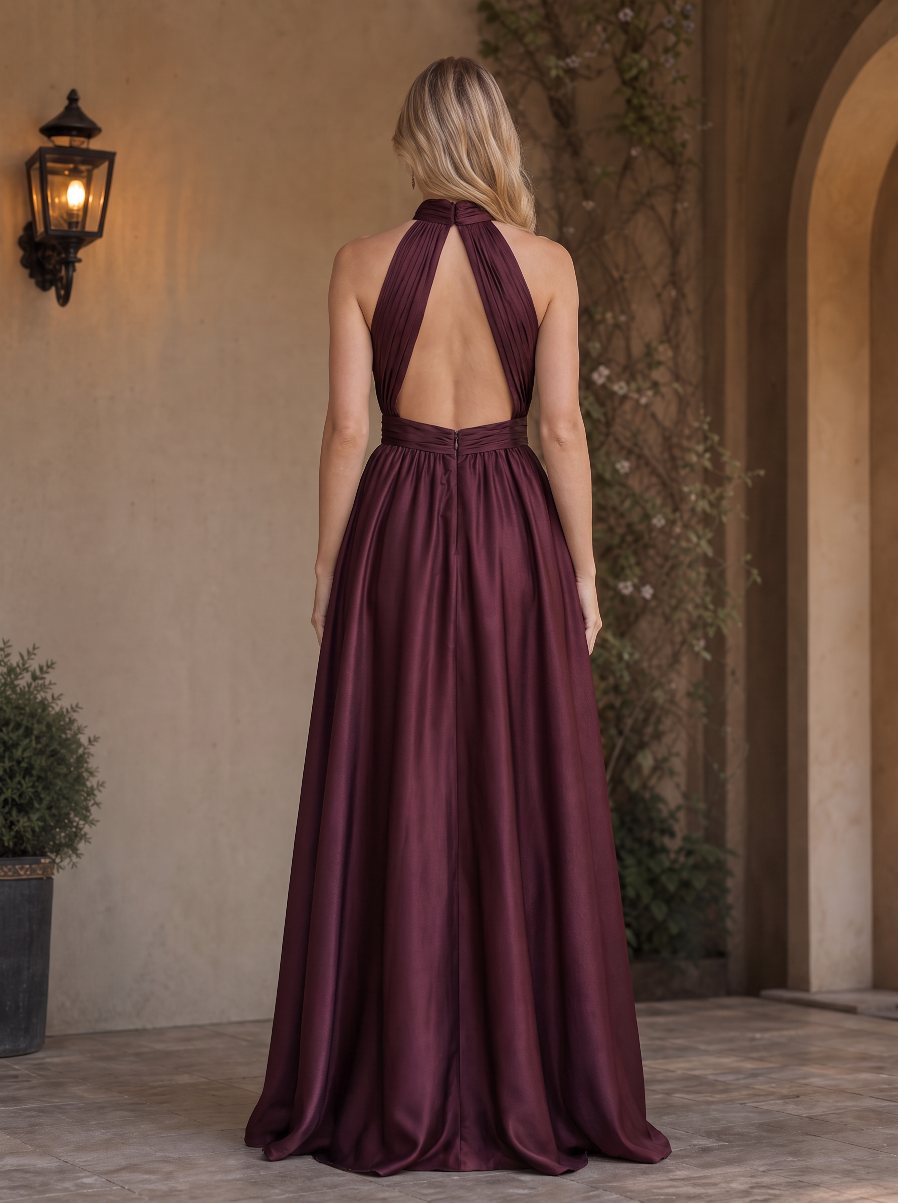 Halter Neck Ruffle High Slit Satin Evening Gown