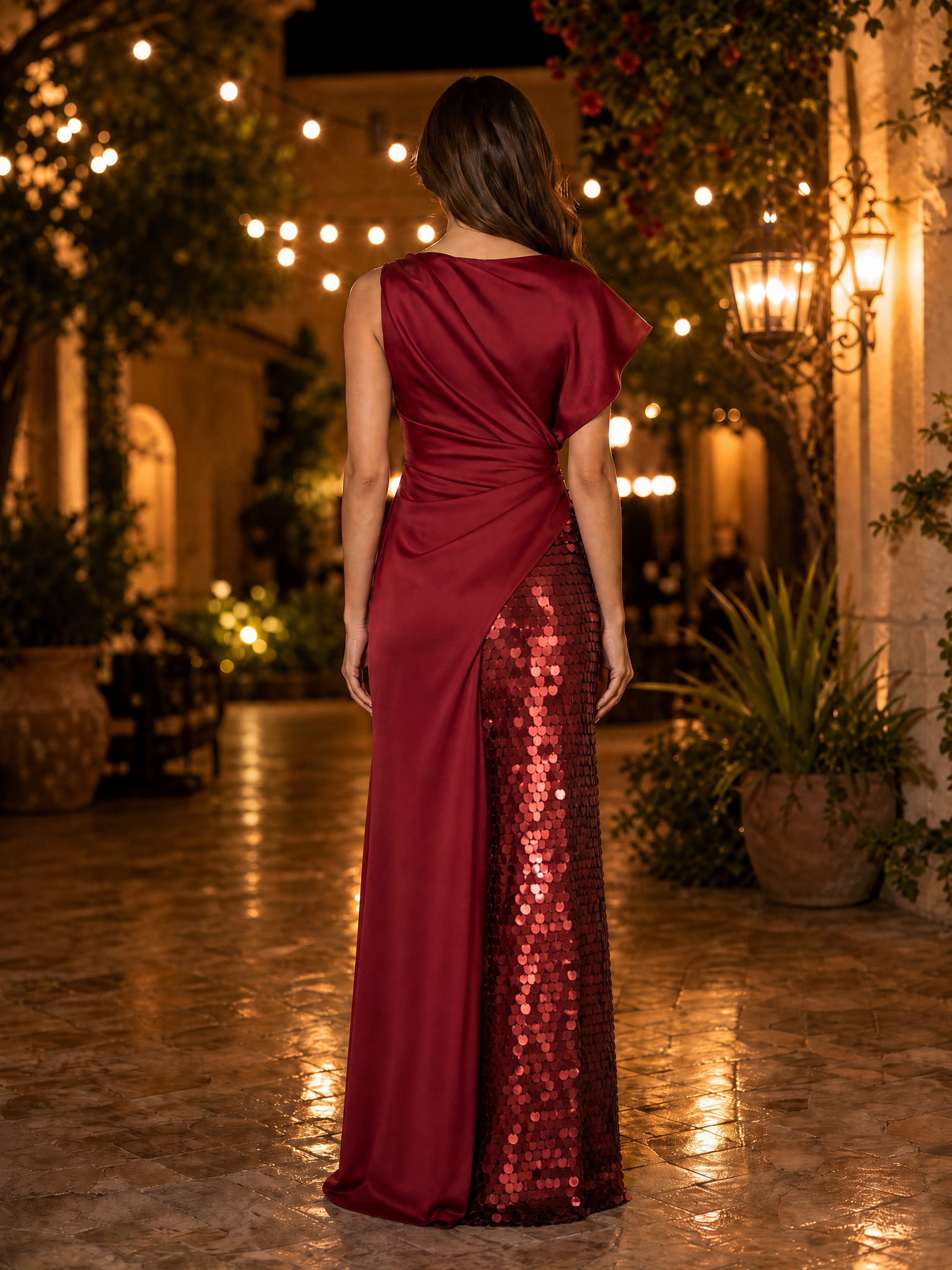 One-Shoulder Sequin Panel Satin Evening Gown