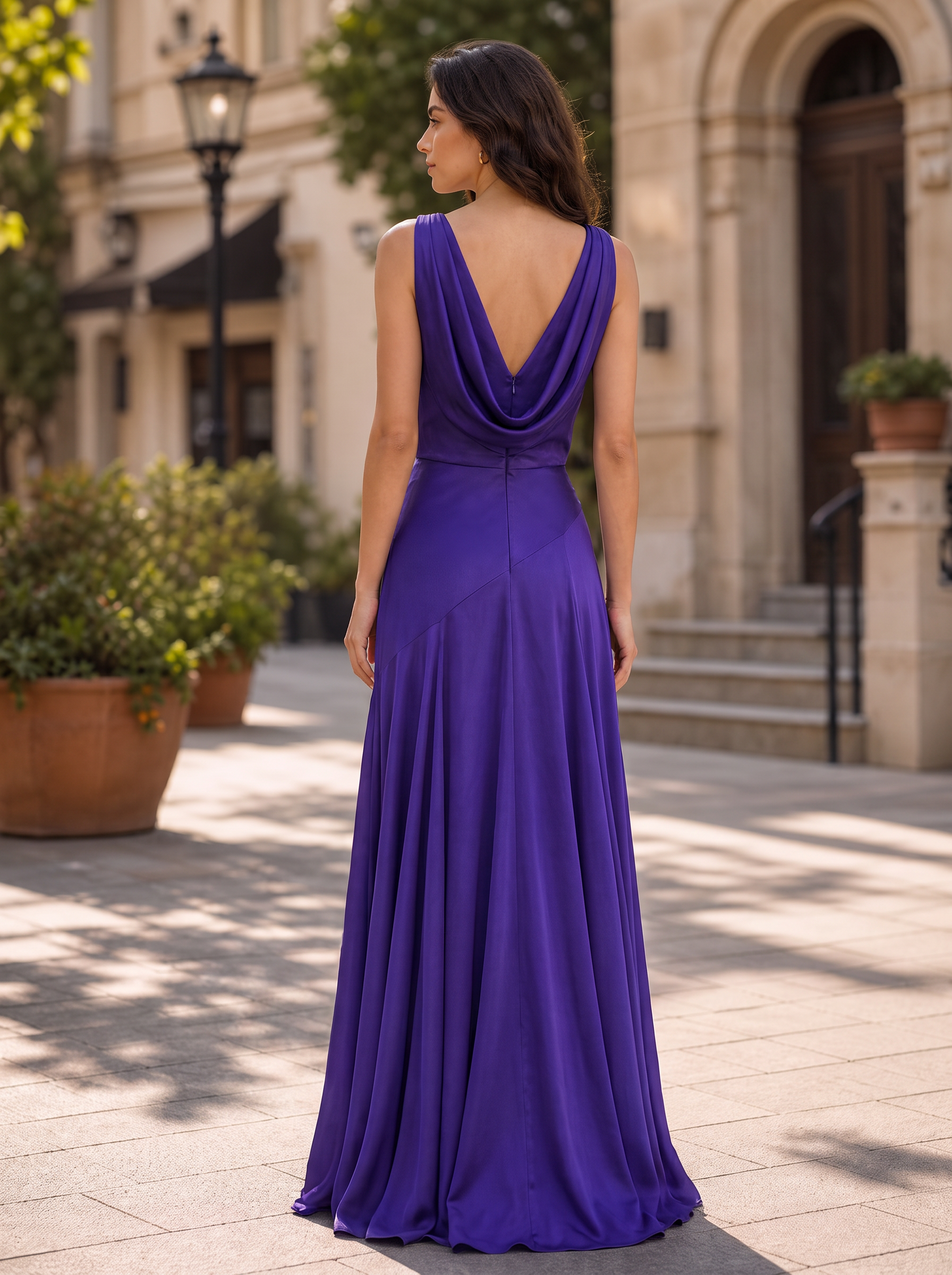 Cowl Neck Pleated Panel Satin Evening Gown