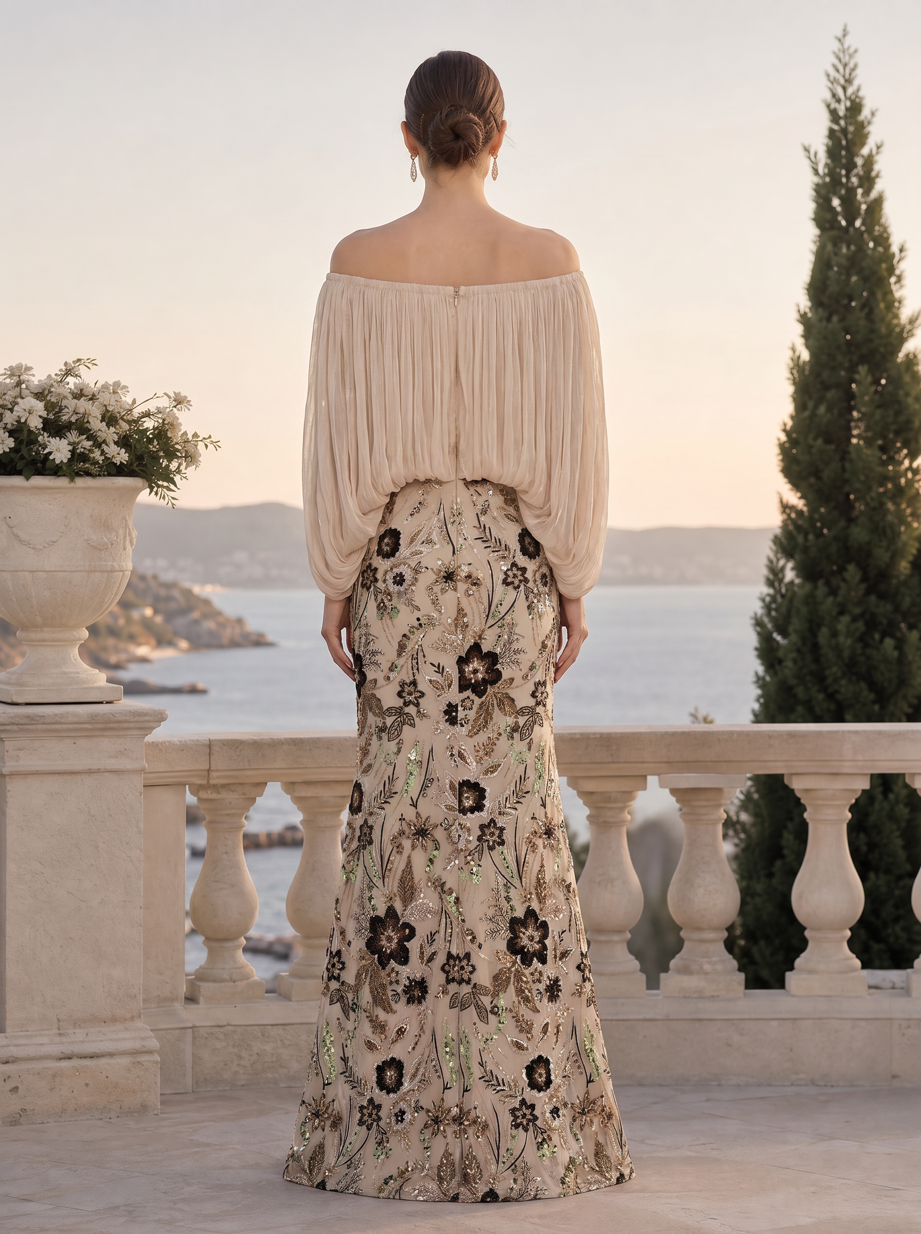 Off-Shoulder Pleated Bodice Embroidered Evening Gown