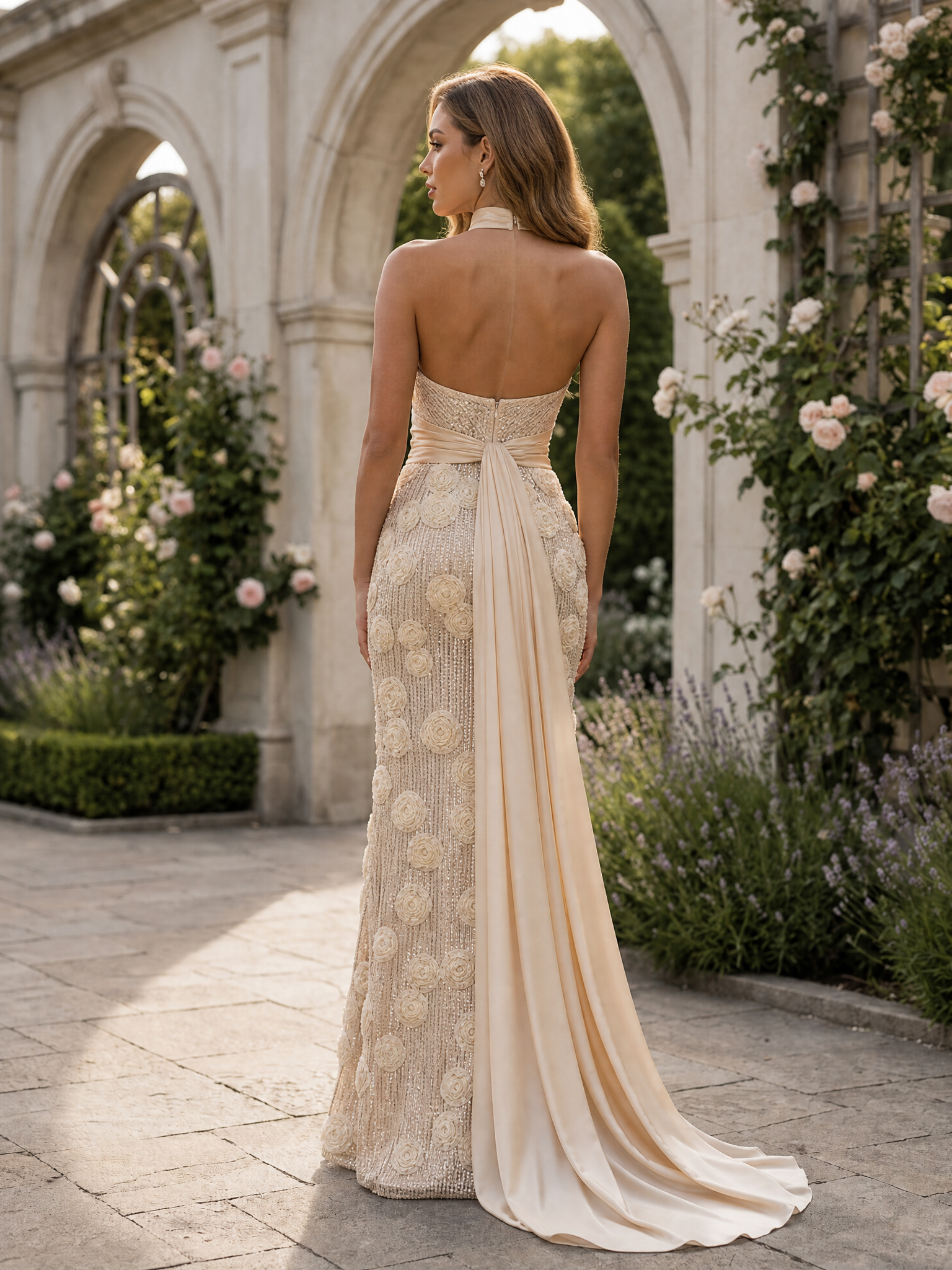 Halter Neck 3d Rose Applique Evening Gown