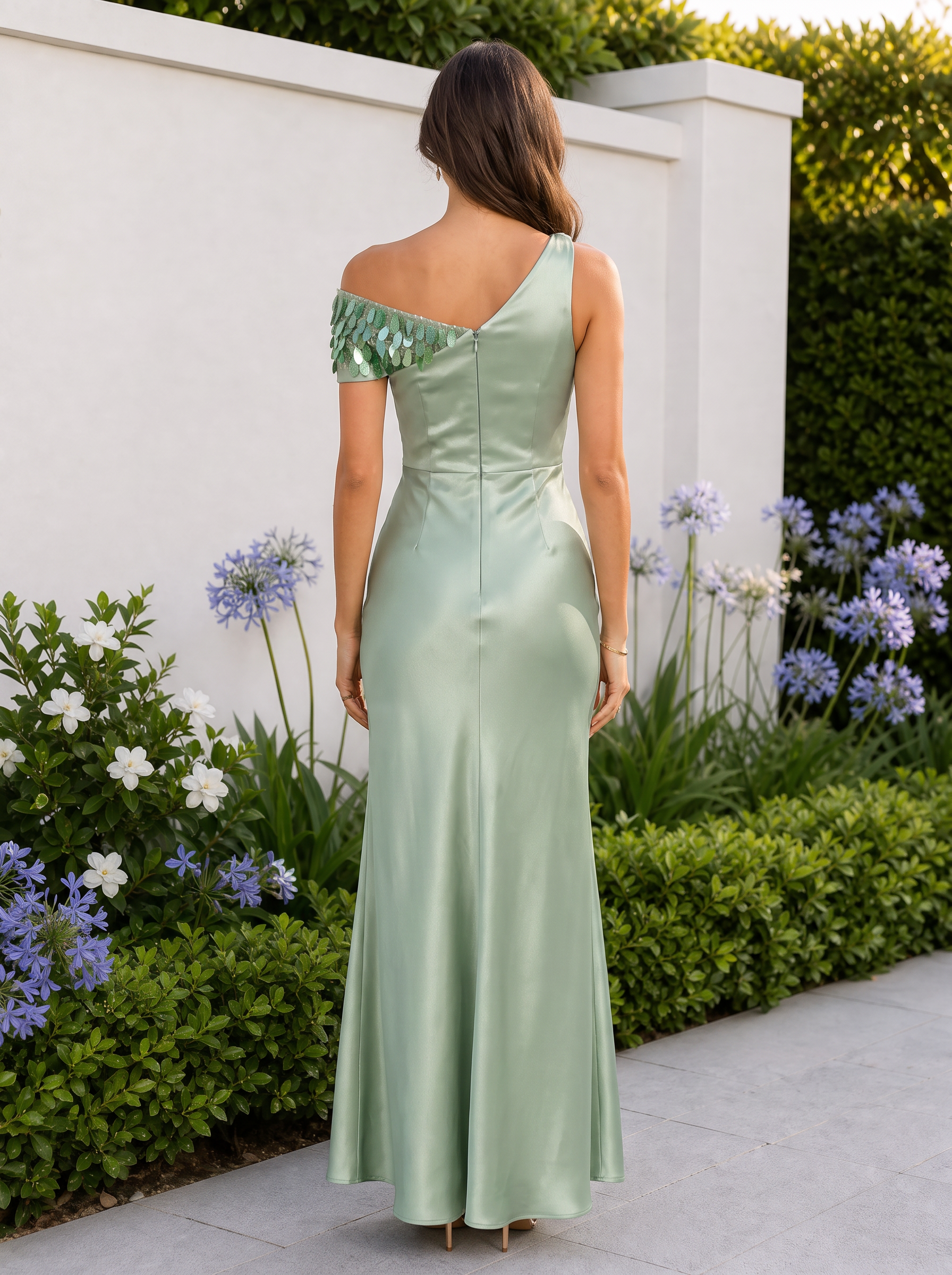 One Shoulder Sequin Leaf Satin Evening Gown