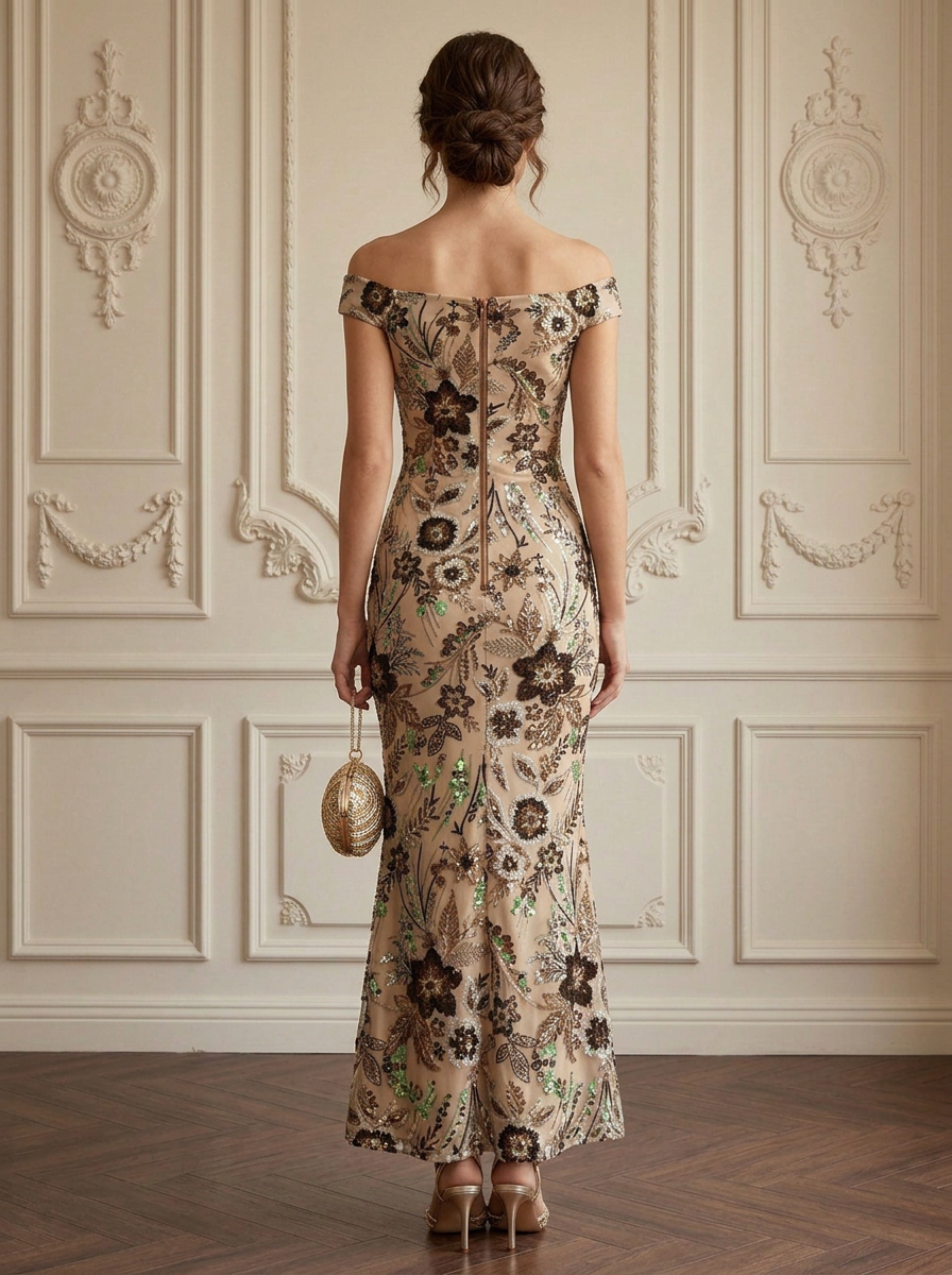 Off-Shoulder Sequin Floral Mesh Evening Gown