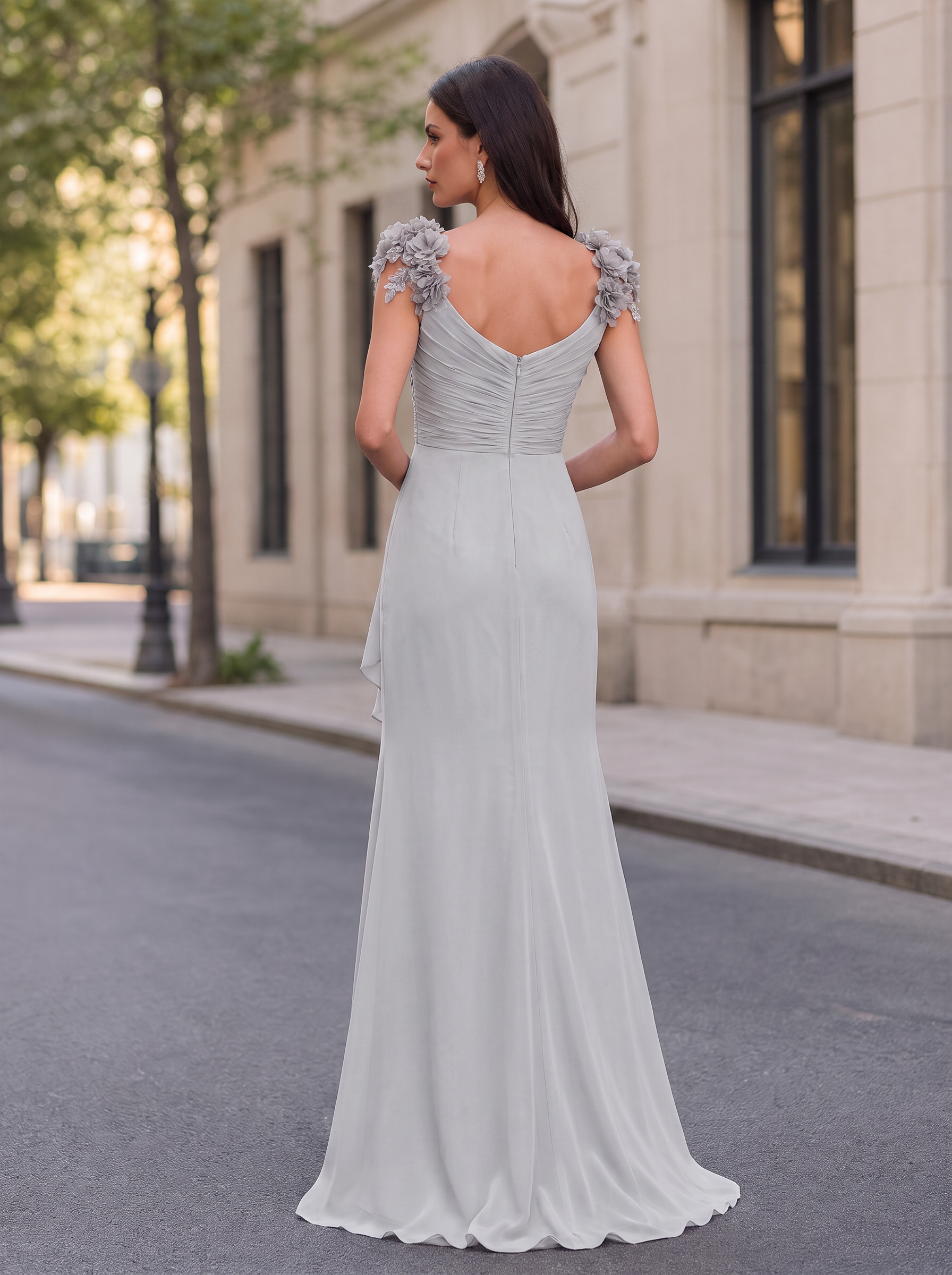 Ruffled Cowl Neck Floral Applique Evening Gown