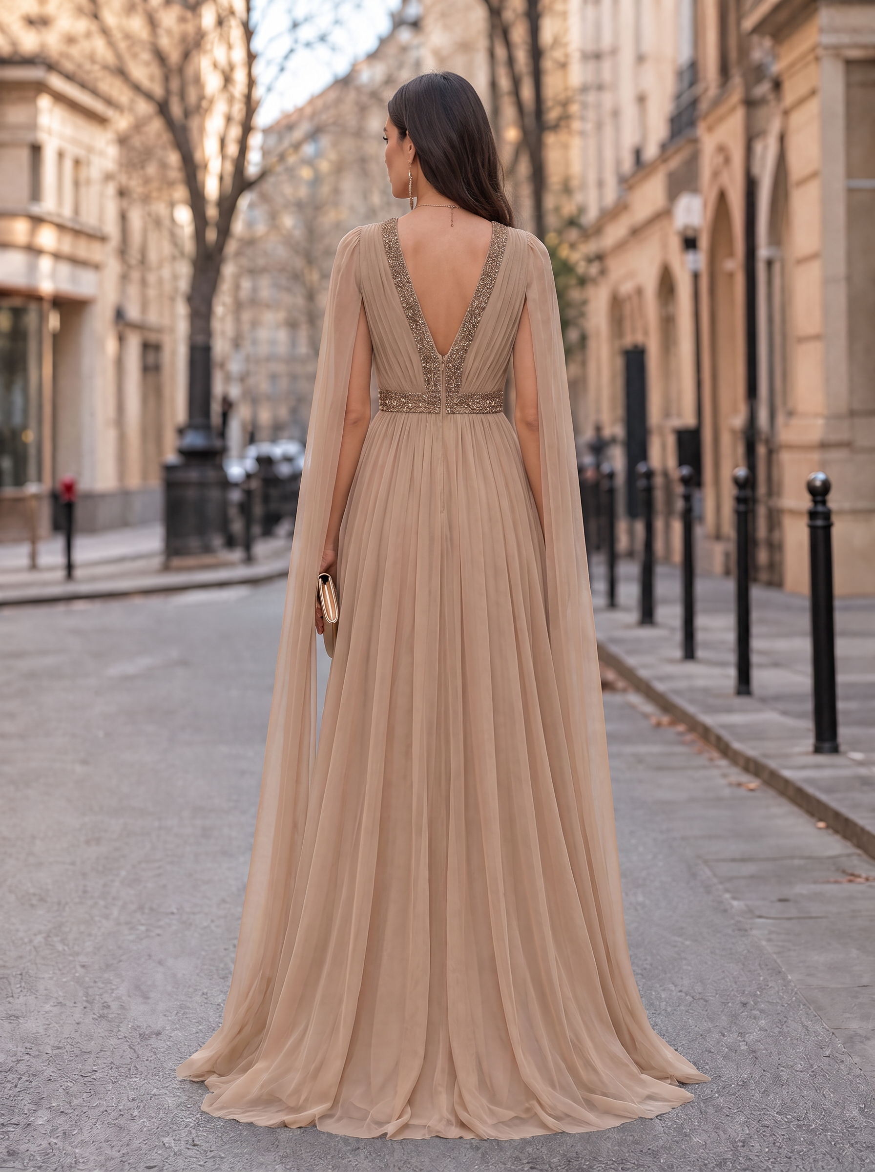 V-Neck Cape Sleeve Tulle Evening Gown