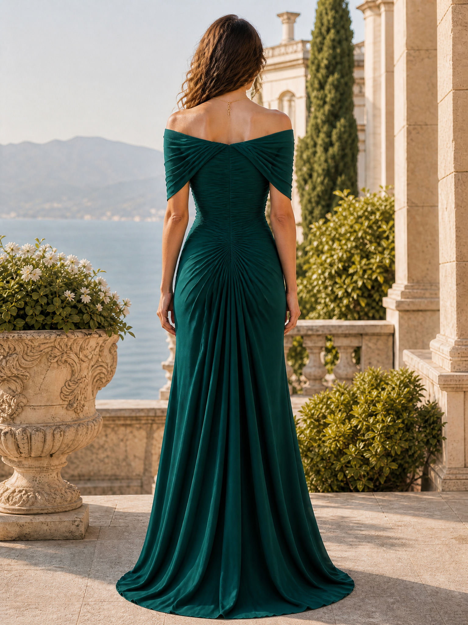 Off-Shoulder Pleated Draped Evening Gown