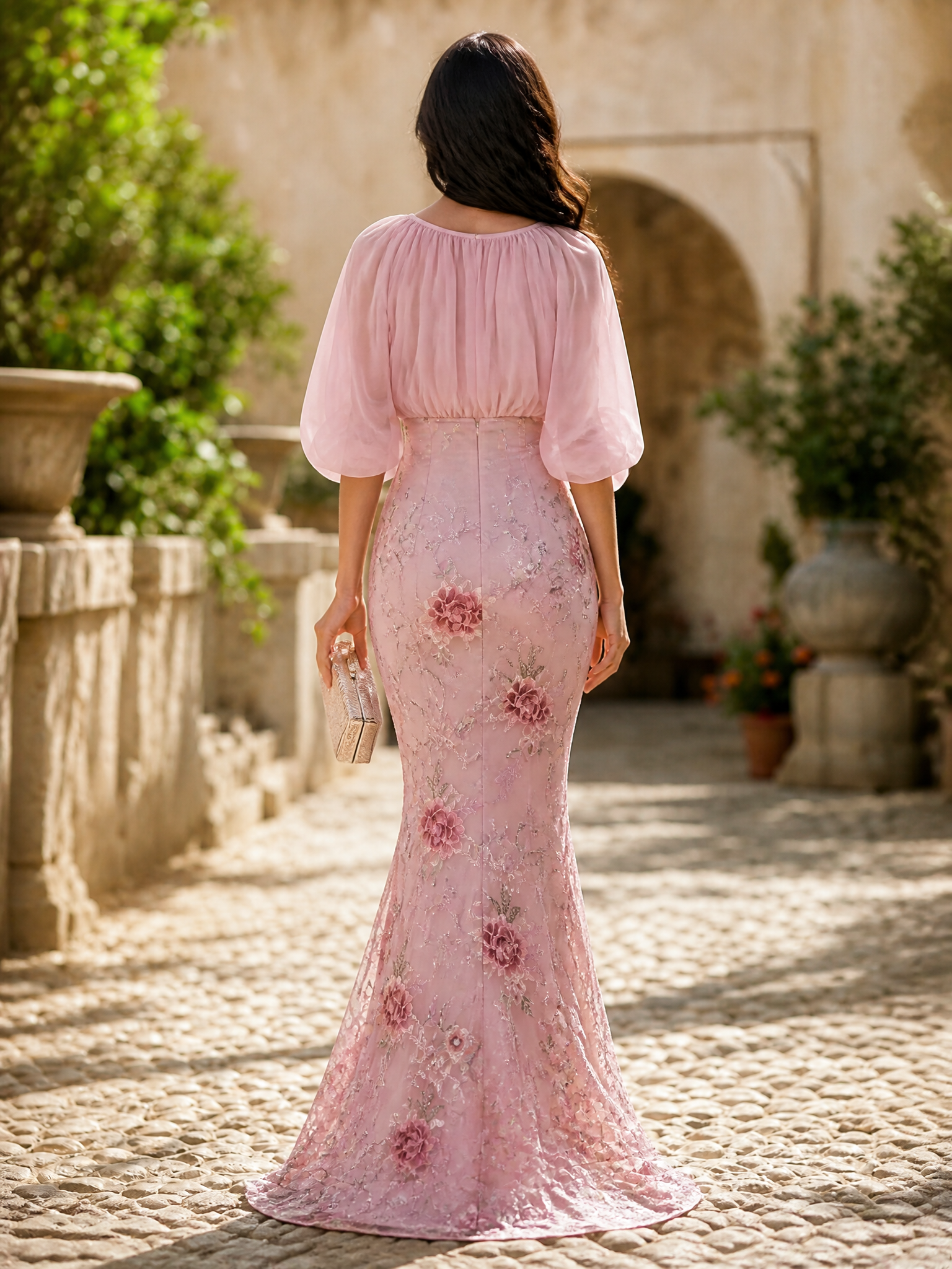 Sheer Puff Sleeve Floral Applique Mermaid Evening Gown