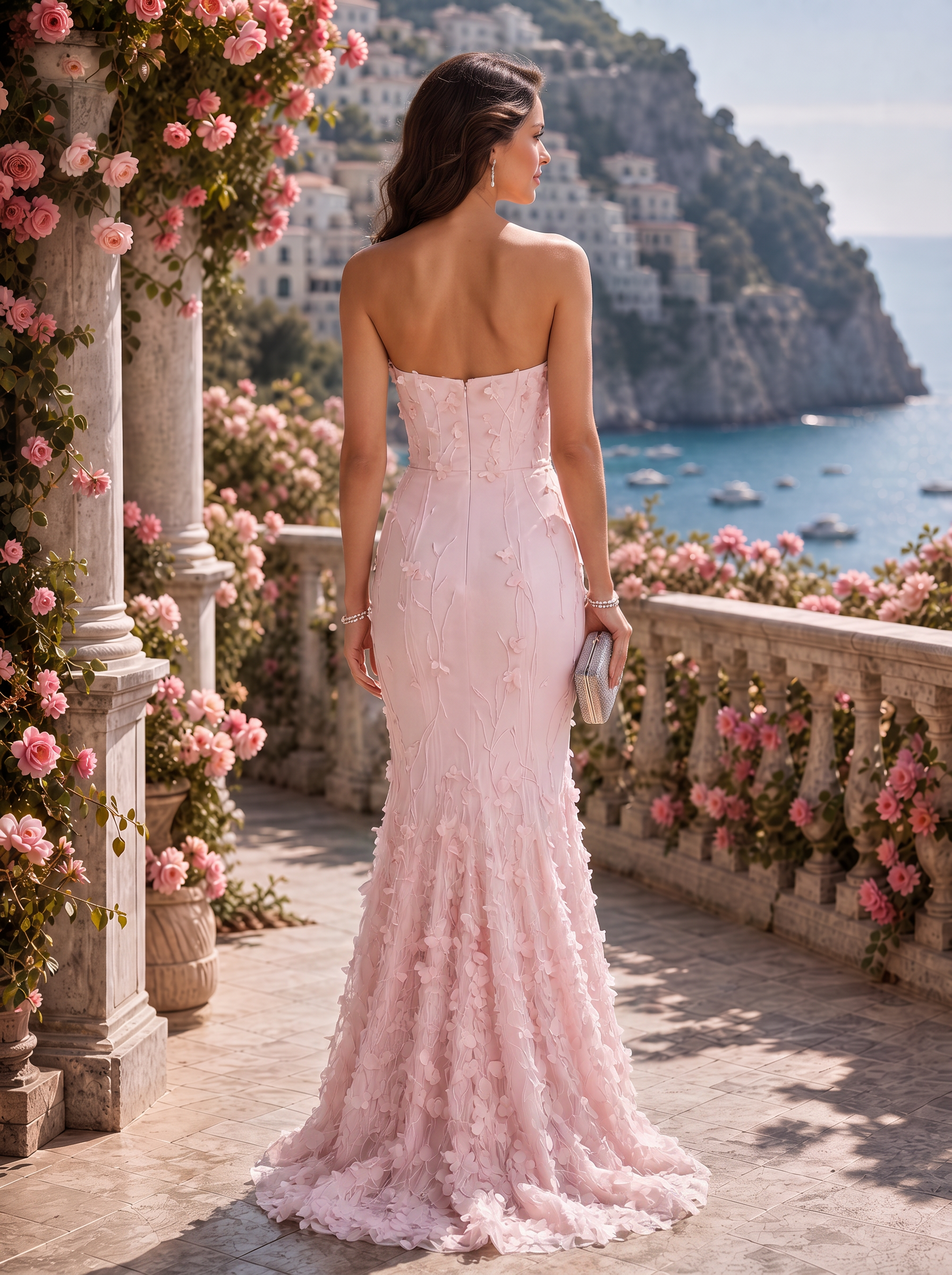 Strapless Floral Applique Mermaid Evening Gown