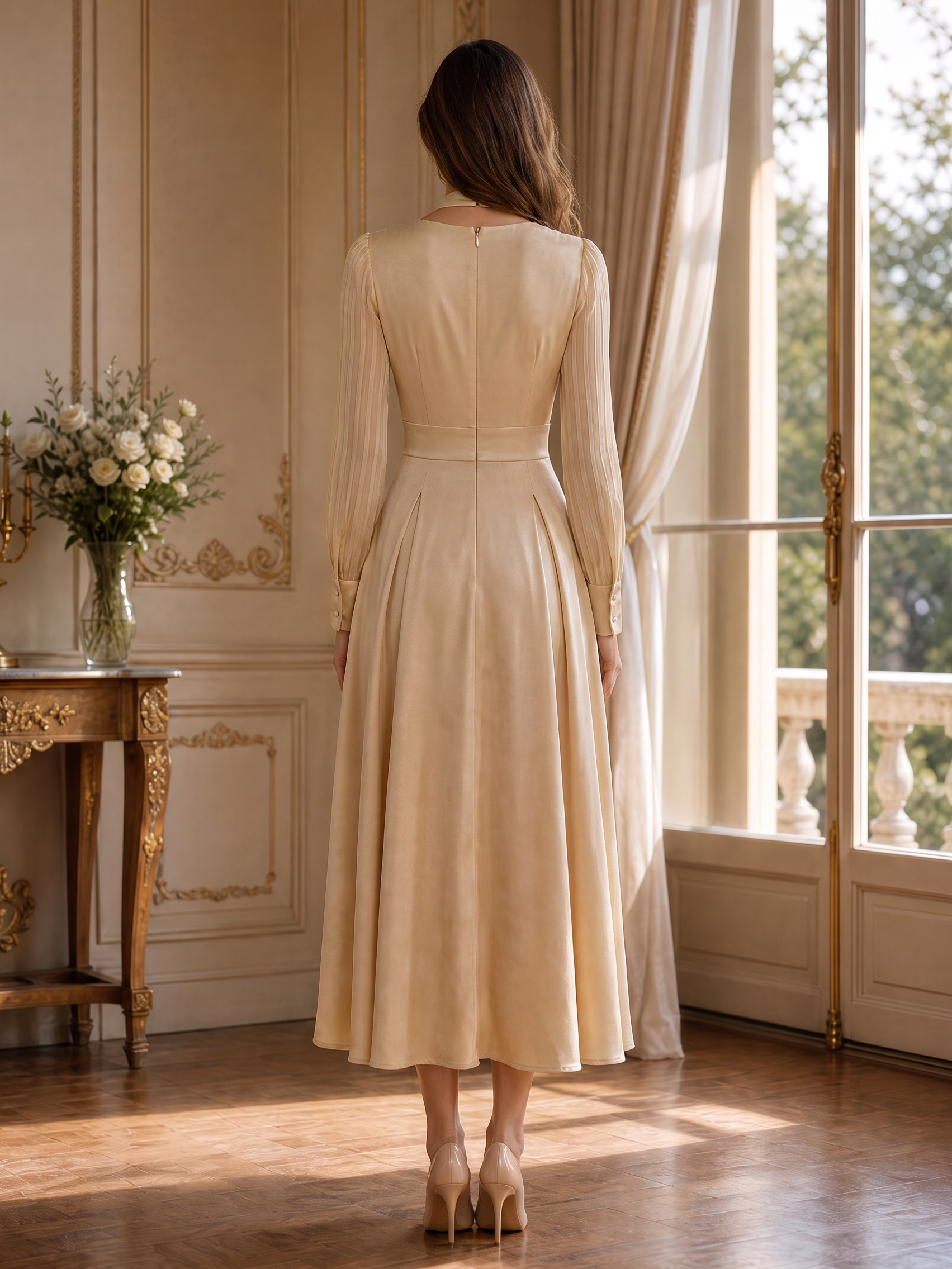 Choker Neck Pleated Long Sleeve Midi Dress