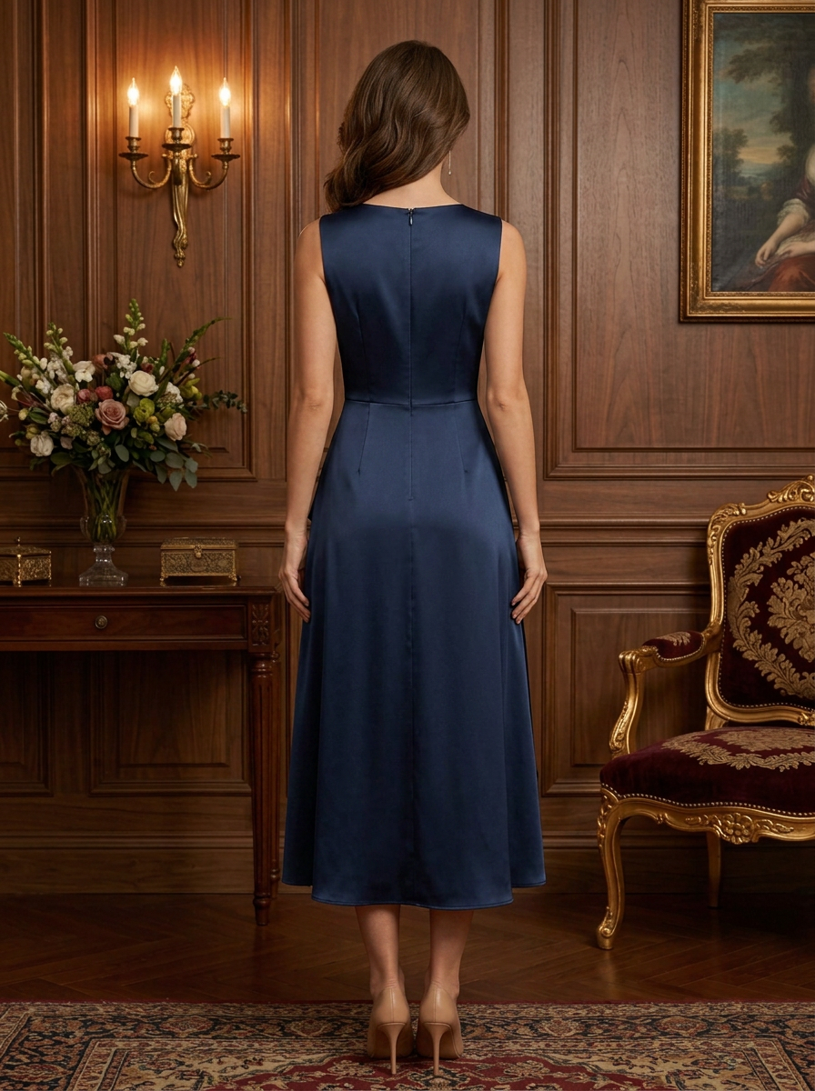 Sleeveless Mesh Inset Ruffled Satin Midi Dress