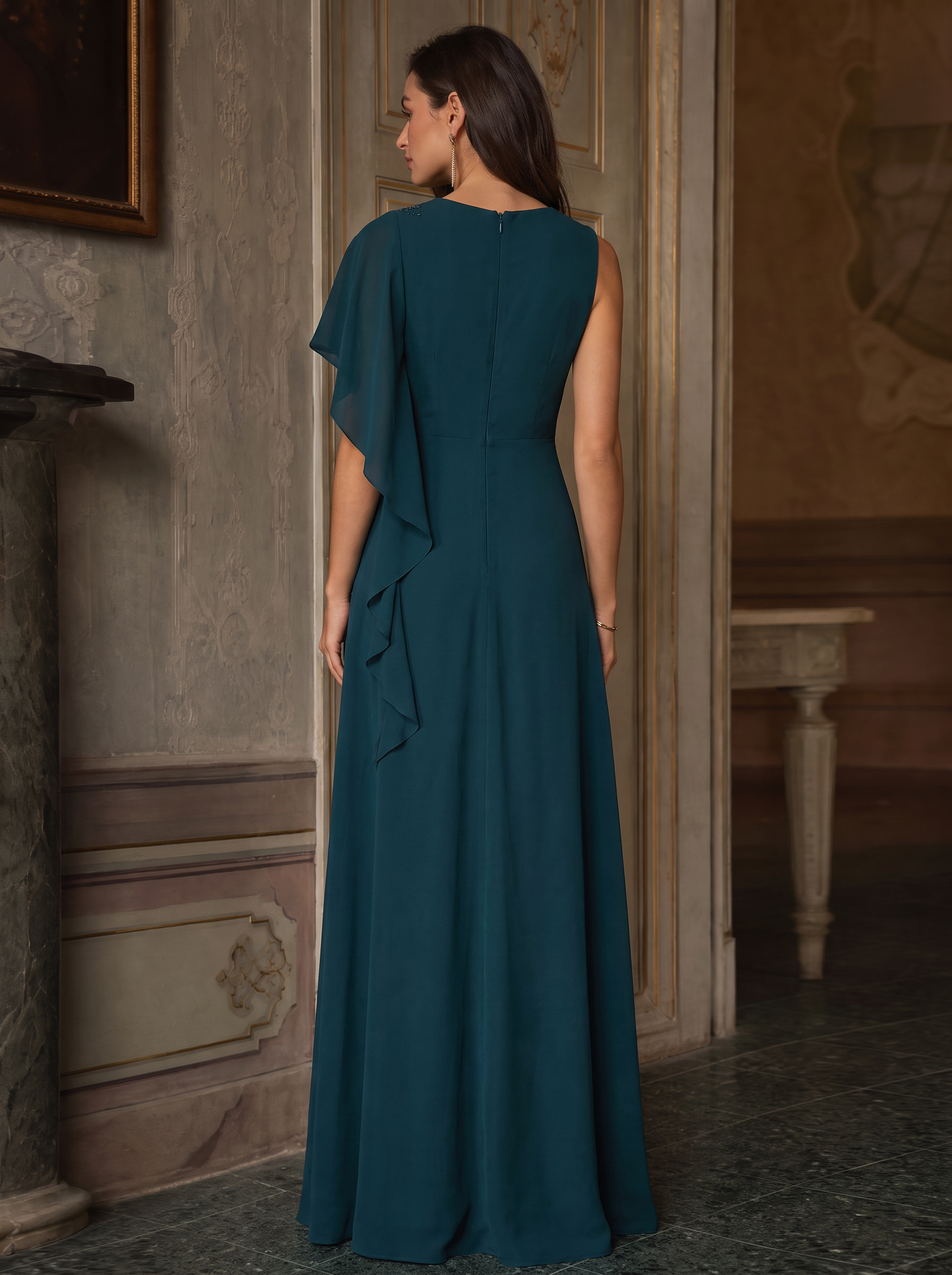 Round Neck Beaded Appliques Chiffon Floor-Length A-Line Dress