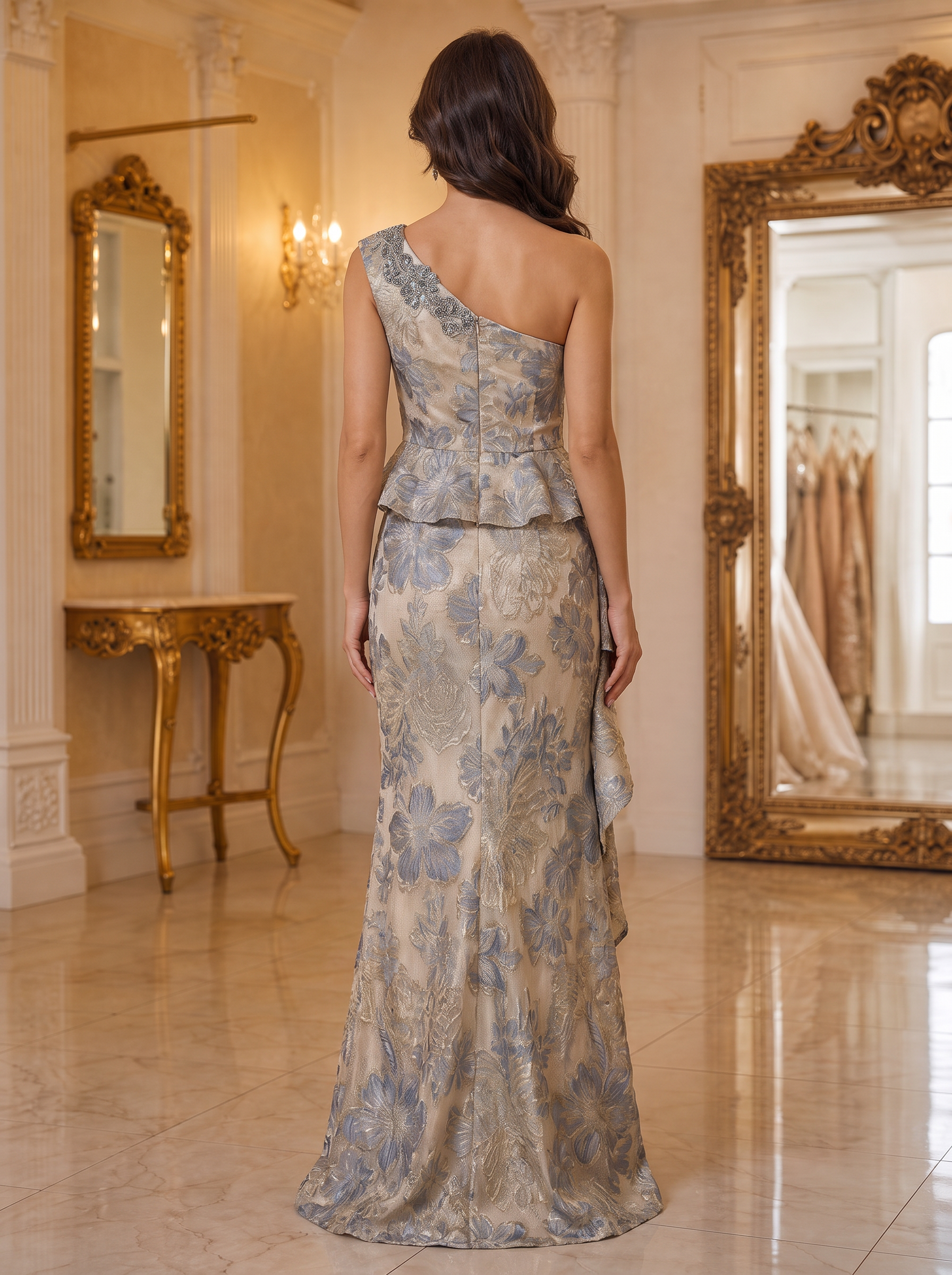 One-Shoulder Beaded Floral Jacquard Evening Gown