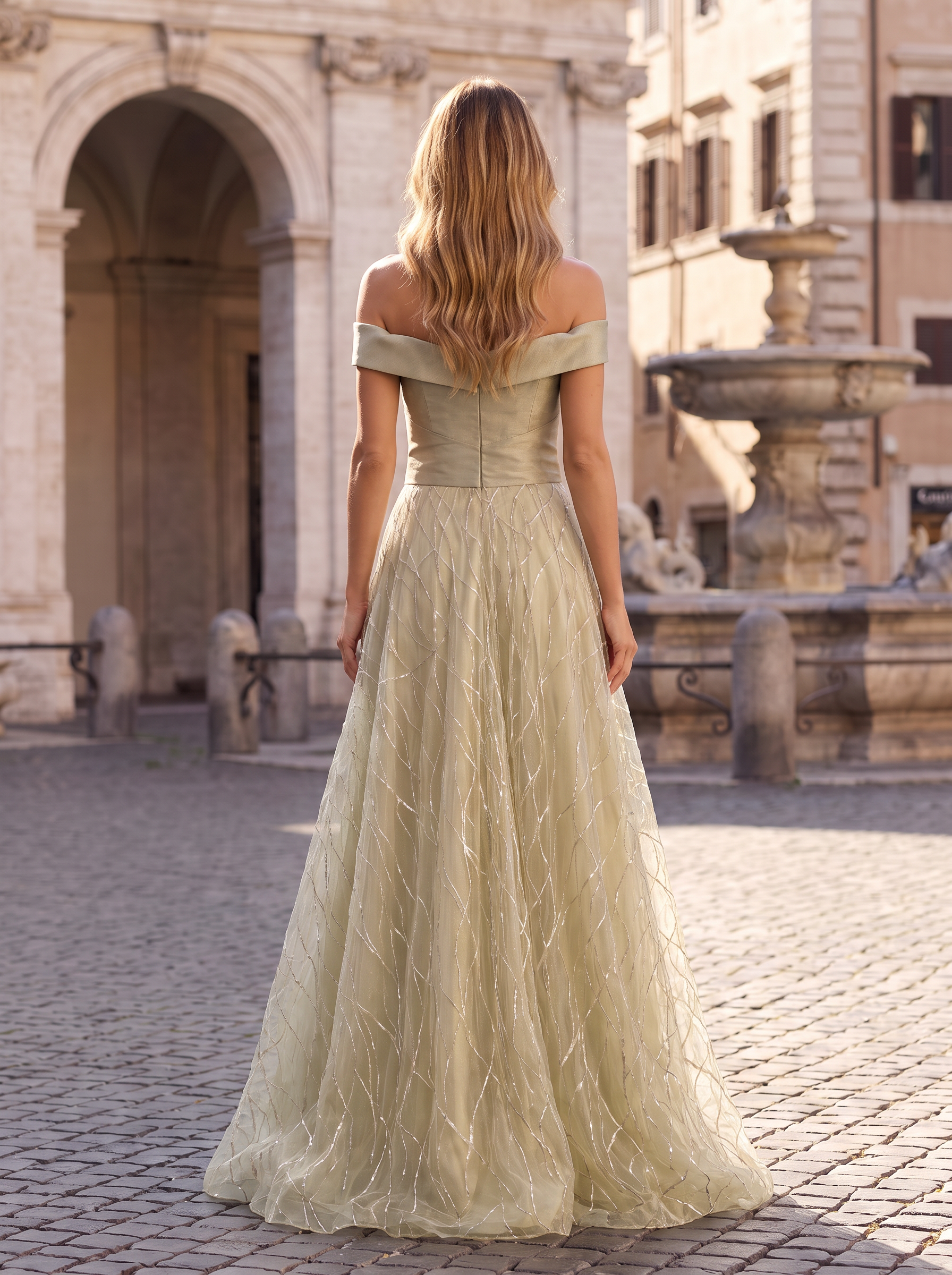 Off-Shoulder Glitter Tulle Evening Gown