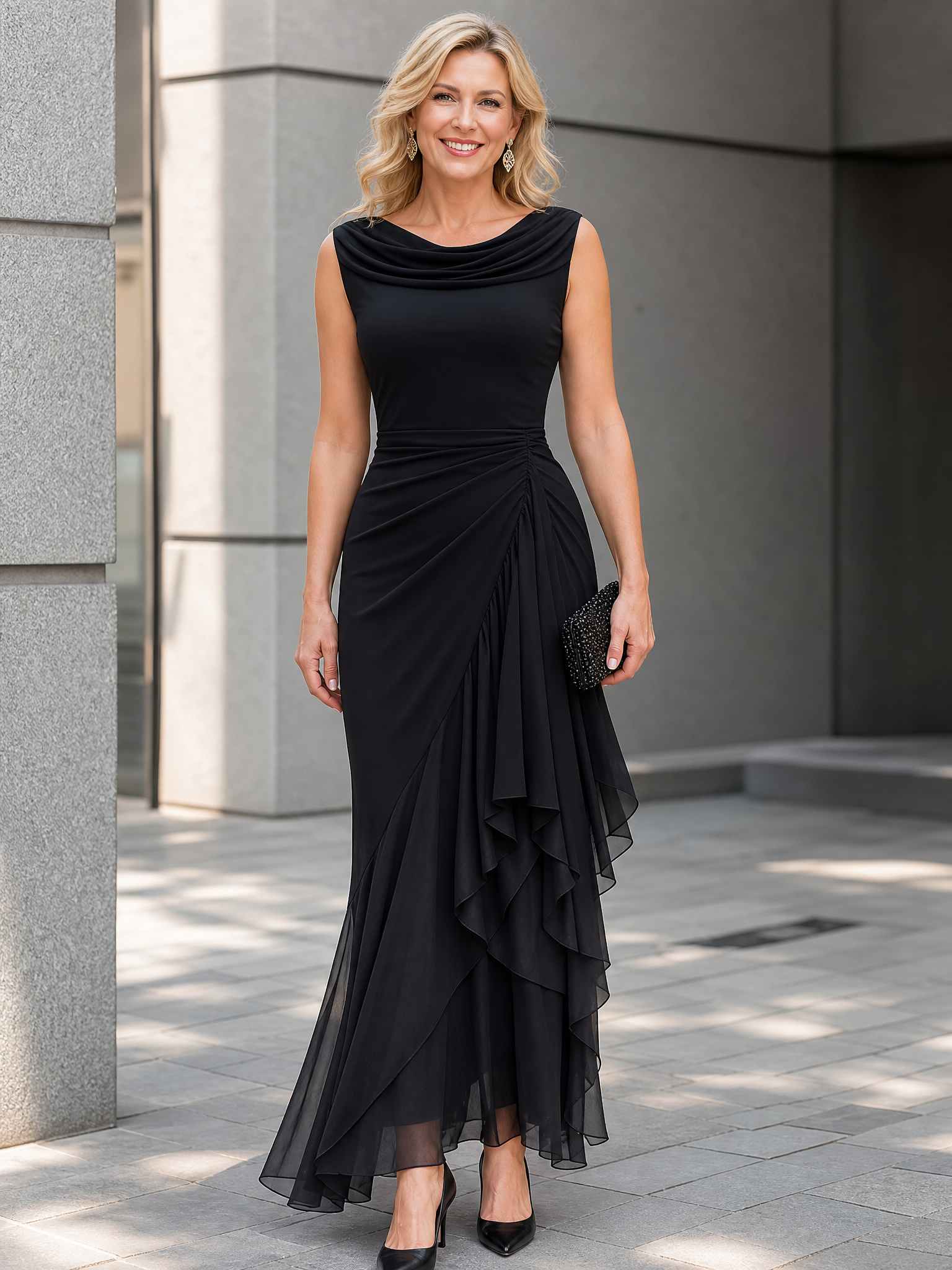 Cowl Neck Ruffle Draped Chiffon Evening Gown