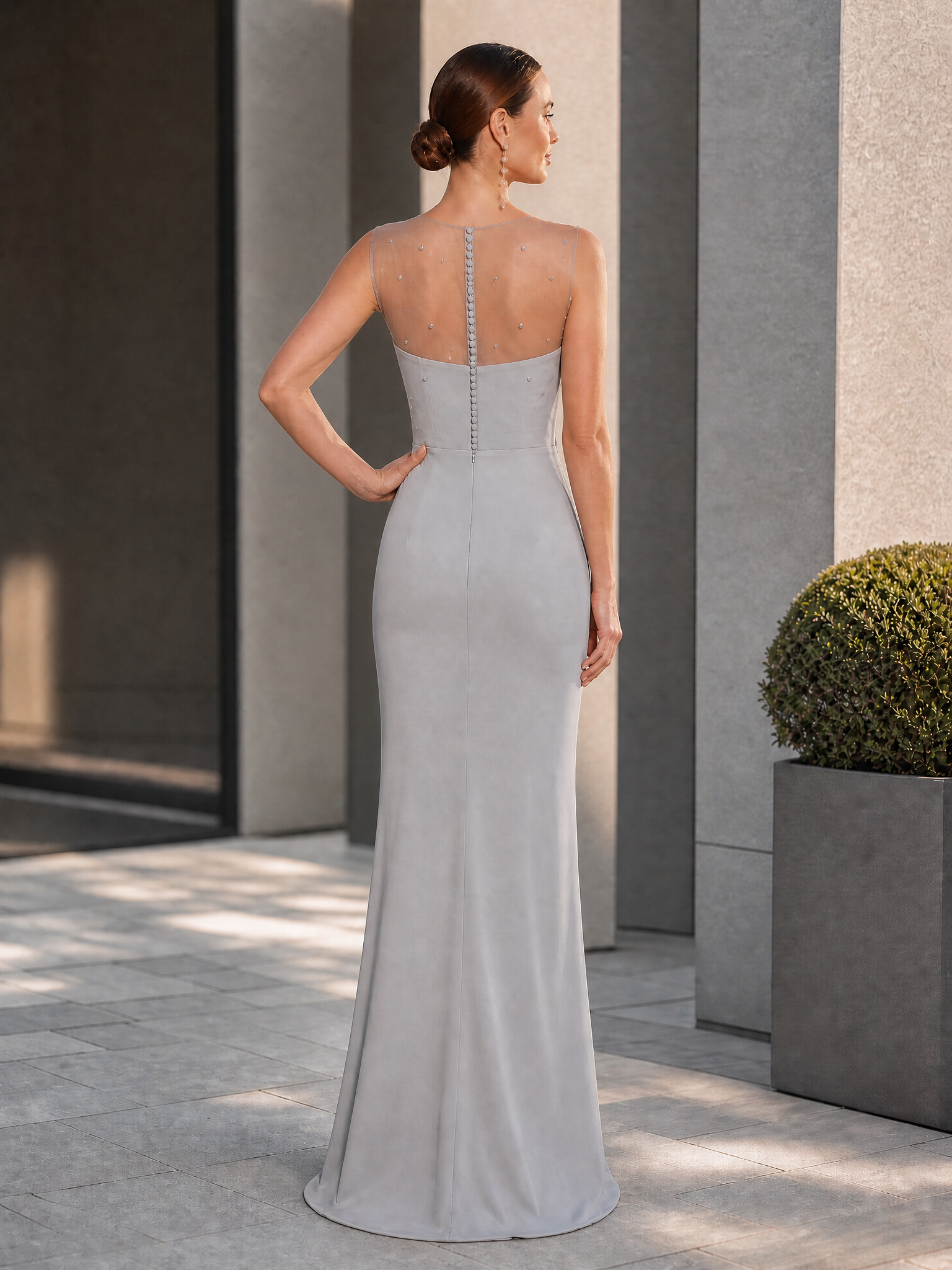 Sheer Illusion Bodice Beaded Slit Evening Gown