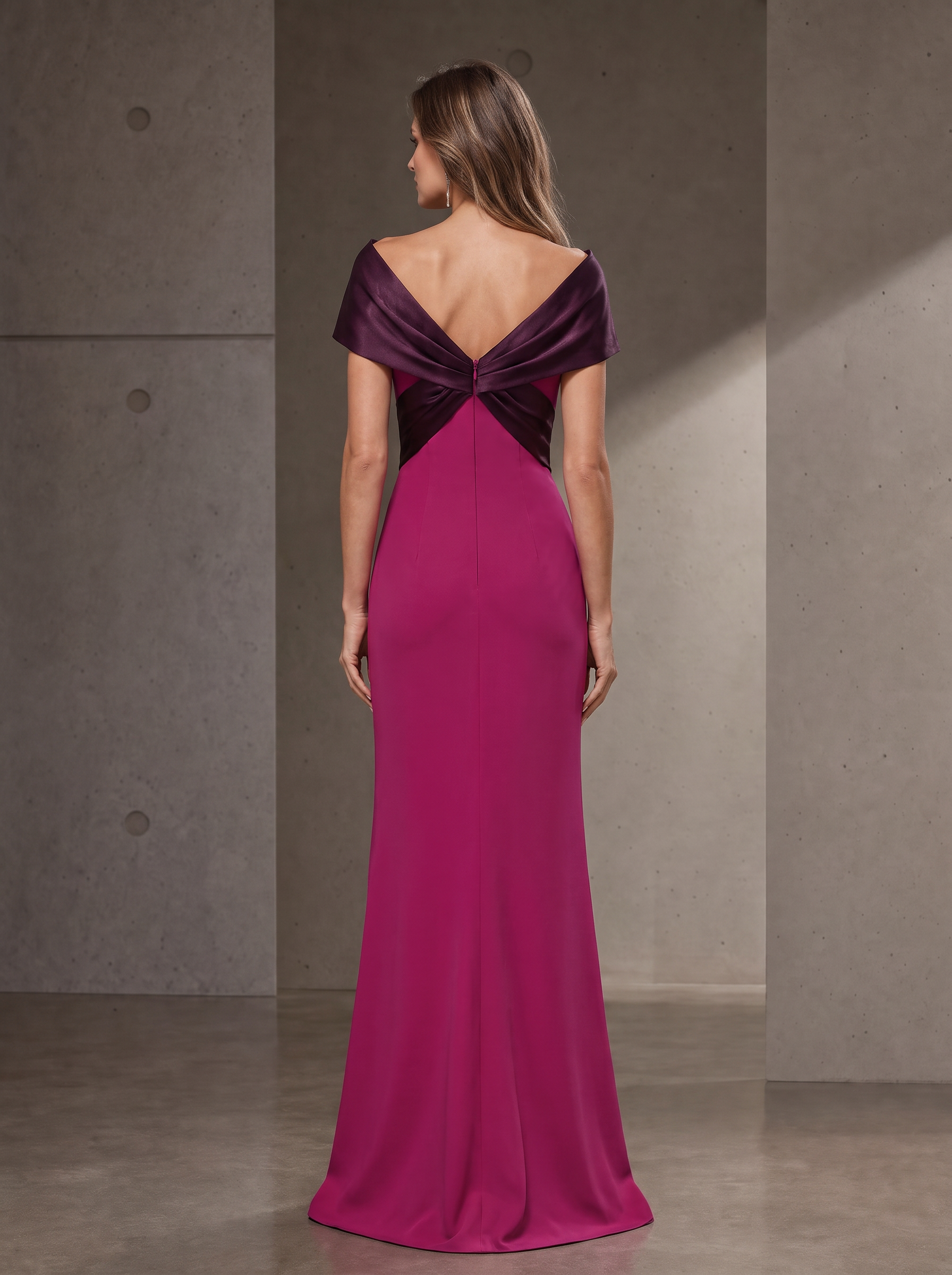 Fuchsia Off-Shoulder Twist-Front Evening Gown