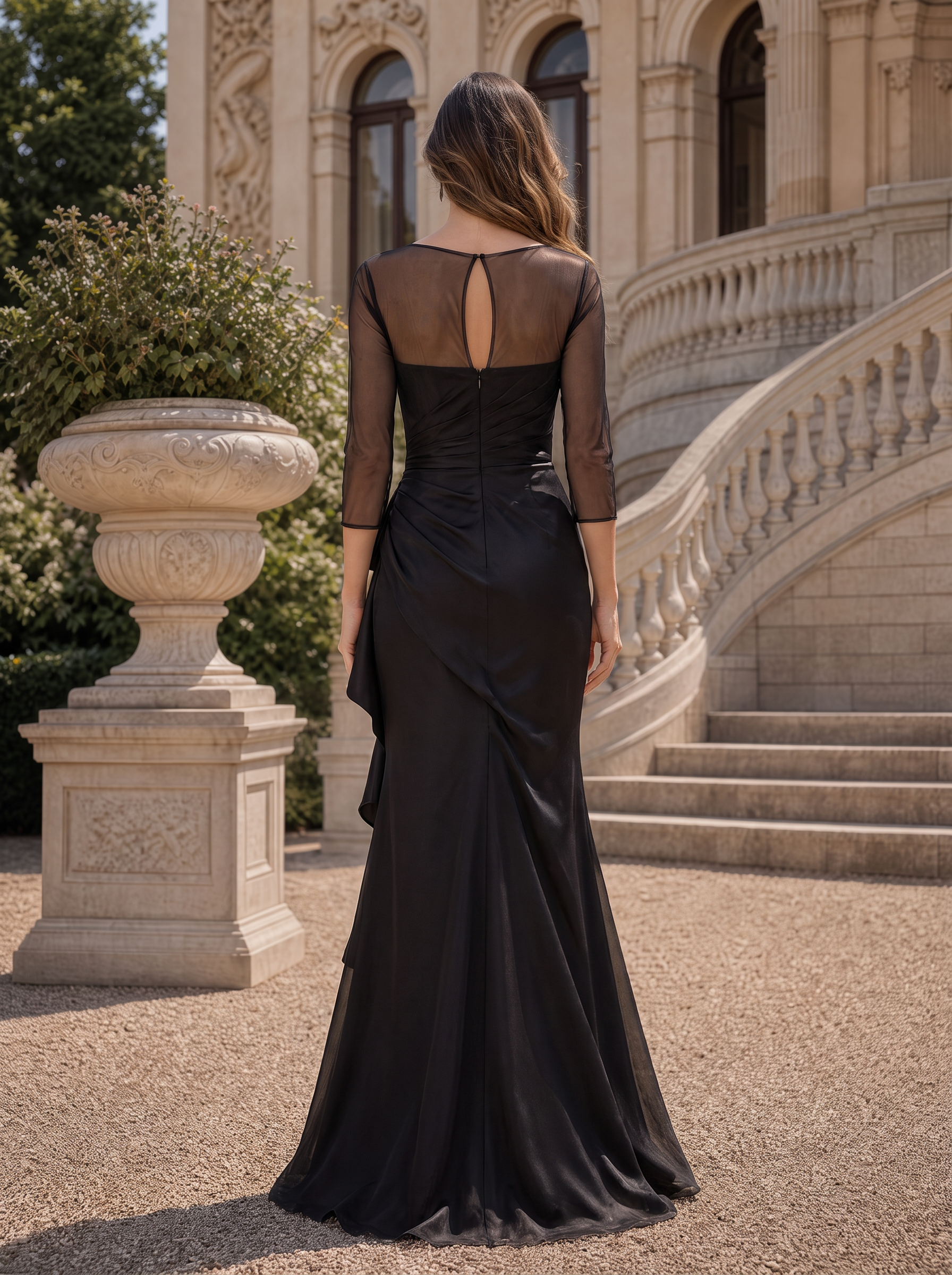 Sheer Mesh Long Sleeve Pleated Evening Gown