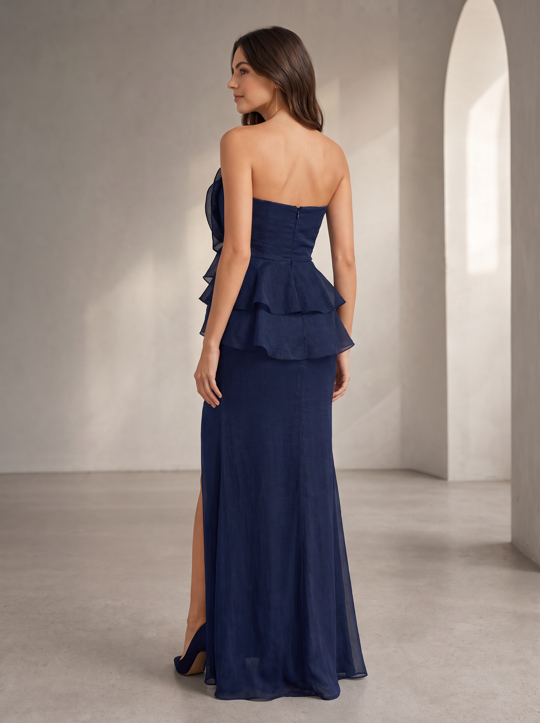 Strapless Rose Accent Ruffle Slit Evening Gown