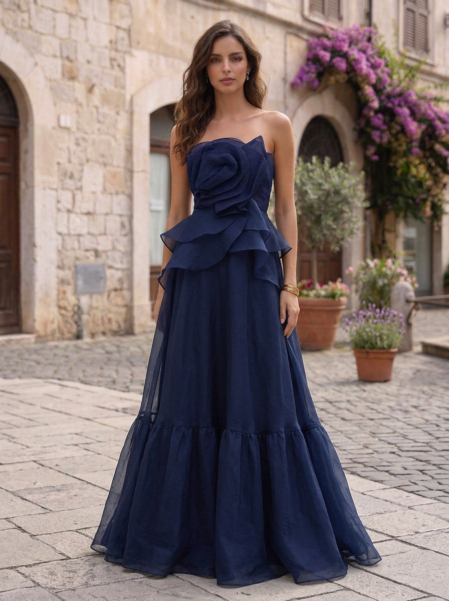 Strapless 3D Floral Accent Tiered Evening Gown