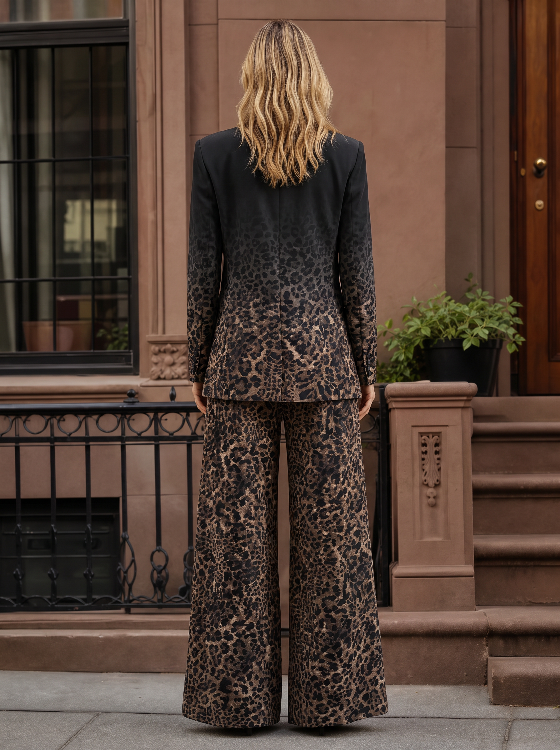 Leopard Print Ombre Blazer And Wide-Leg Pants Set