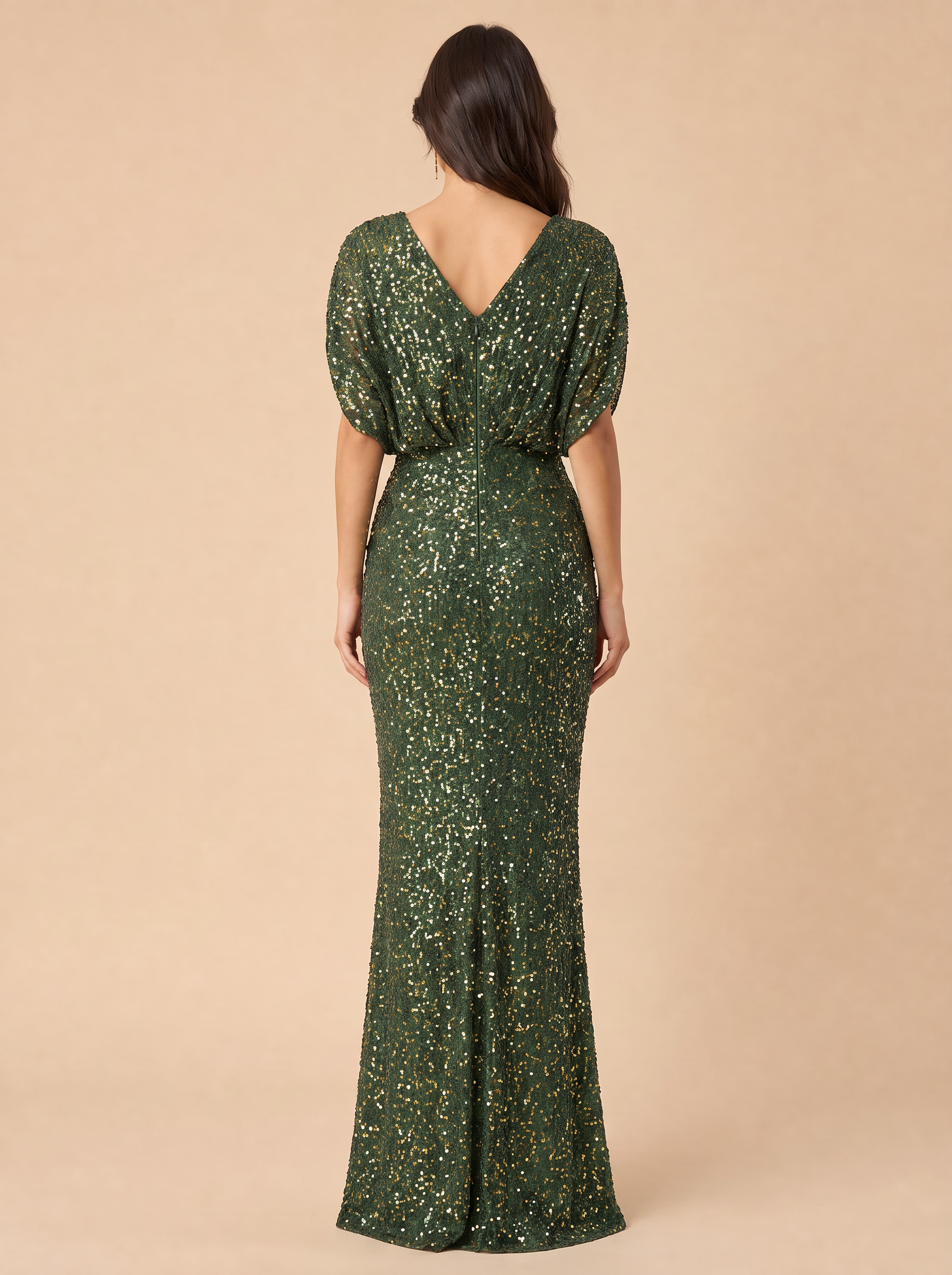 V-Neck Short Sleeve Sequin Evening Gown