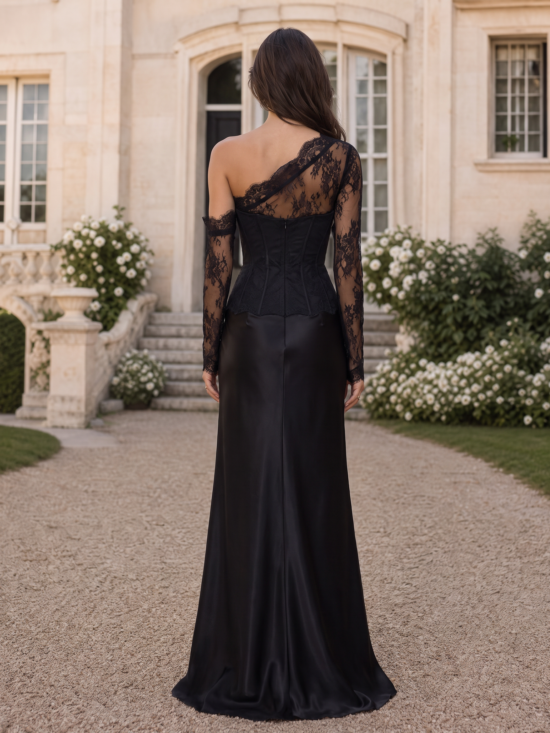 One-Shoulder Lace Sleeve Satin Evening Gown