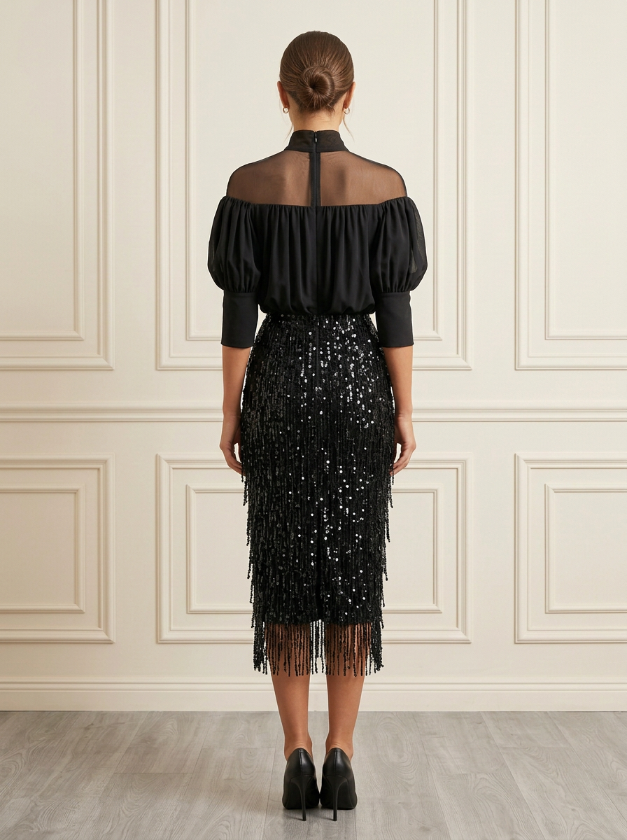 Mock Neck Sheer Mesh Sequin Fringe Midi Dress