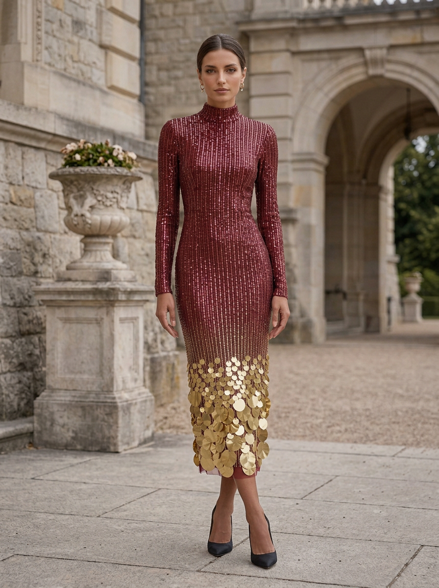 Mock Neck Long Sleeve Sequin Gradient Midi Dress
