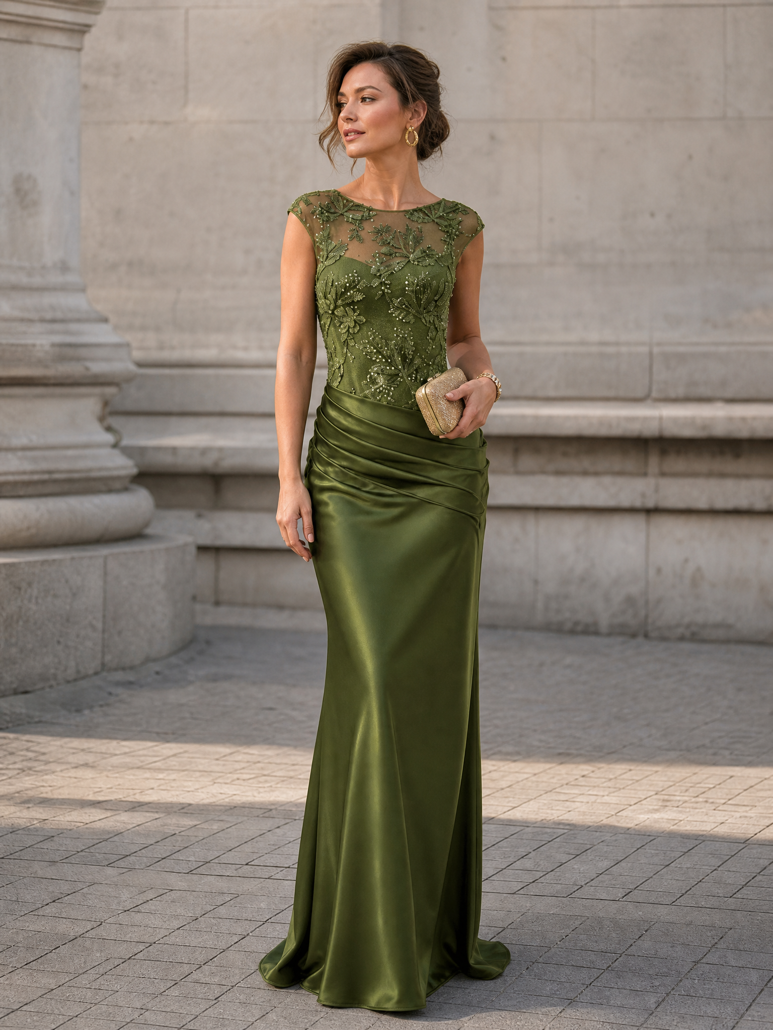 Embellished Illusion Bodice Satin Evening Gown   