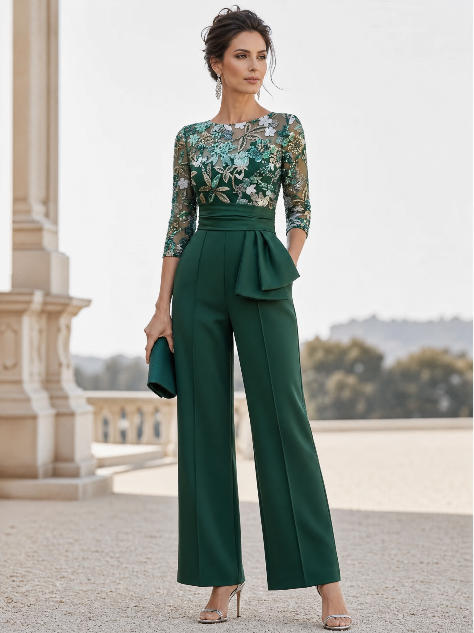 Embroidered Illusion Bodice Wide-Leg Jumpsuit