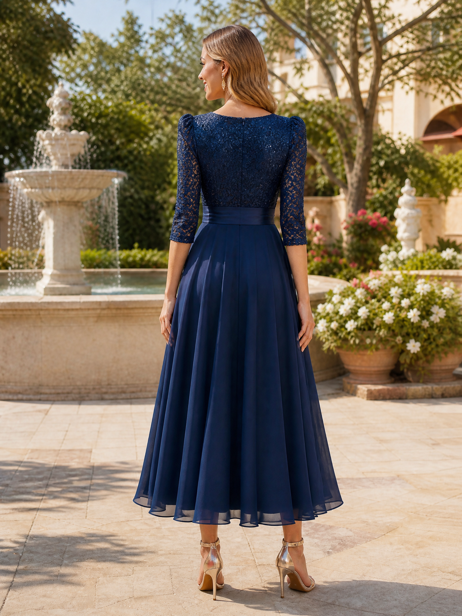 V-Neck Lace Bodice Chiffon Midi Dress