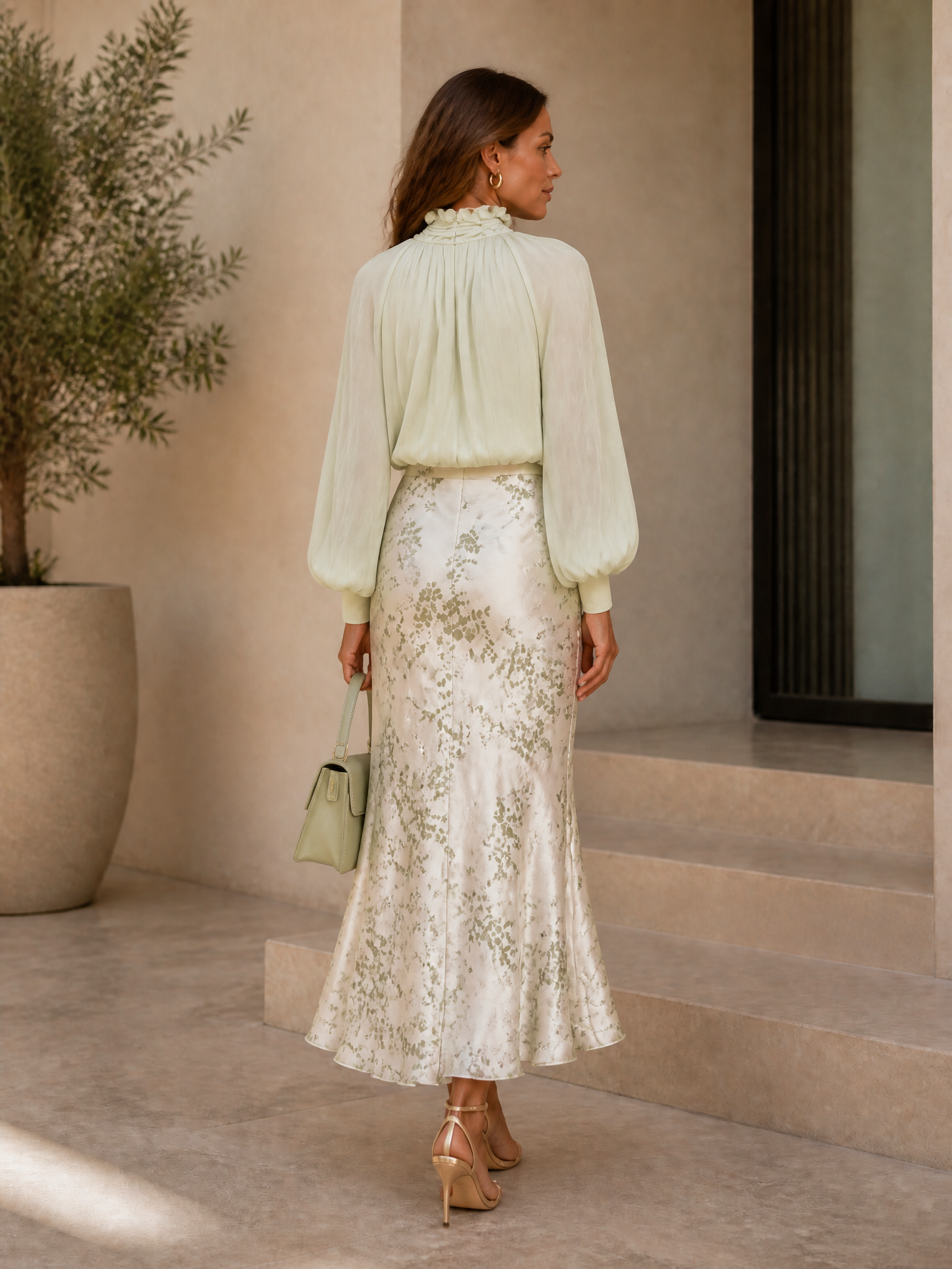 Ruffled High-Neck Blouse And Floral Satin Midi Skirt Set