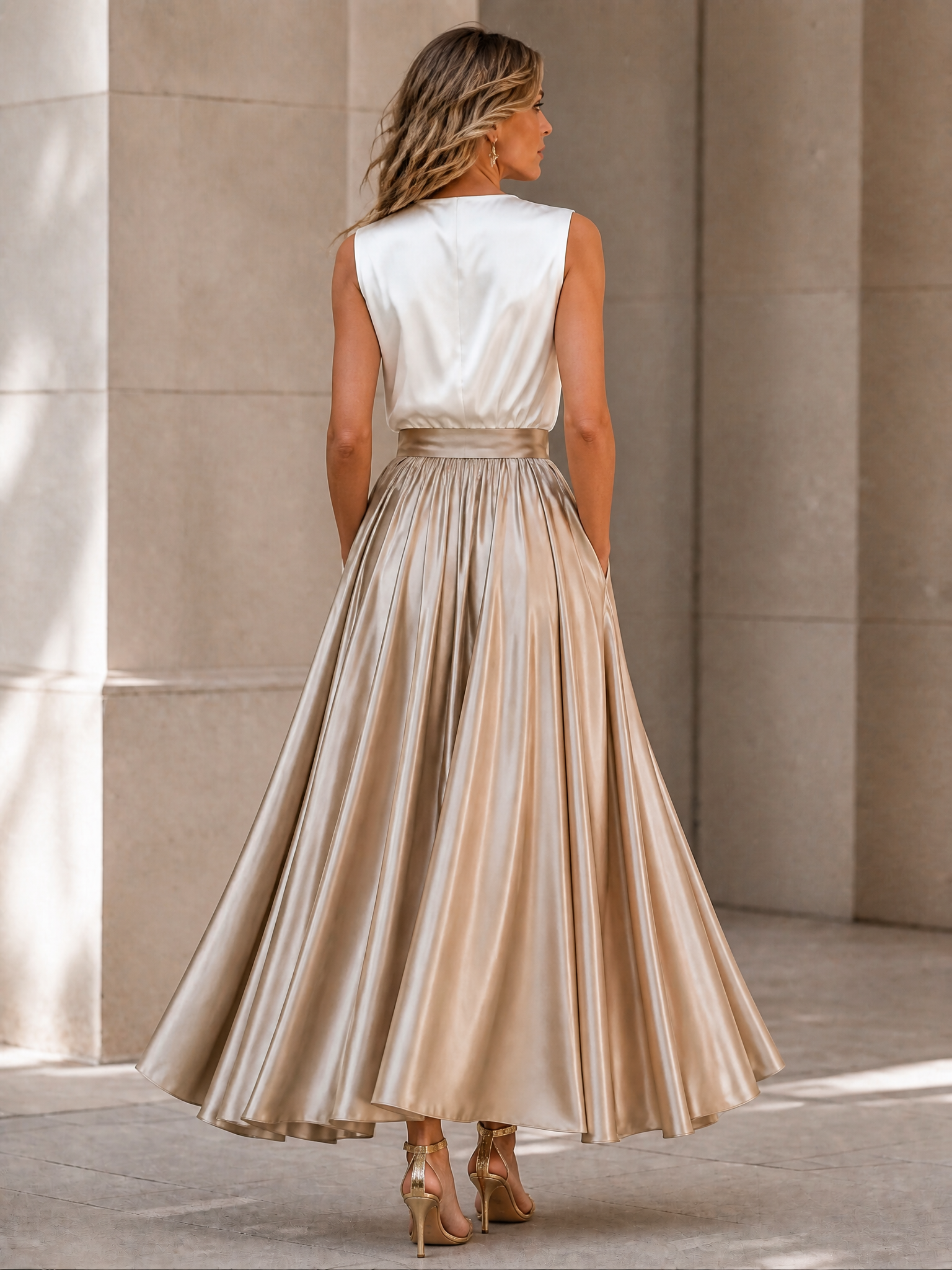 Sleeveless V-Neck Satin Pleated Maxi Dress