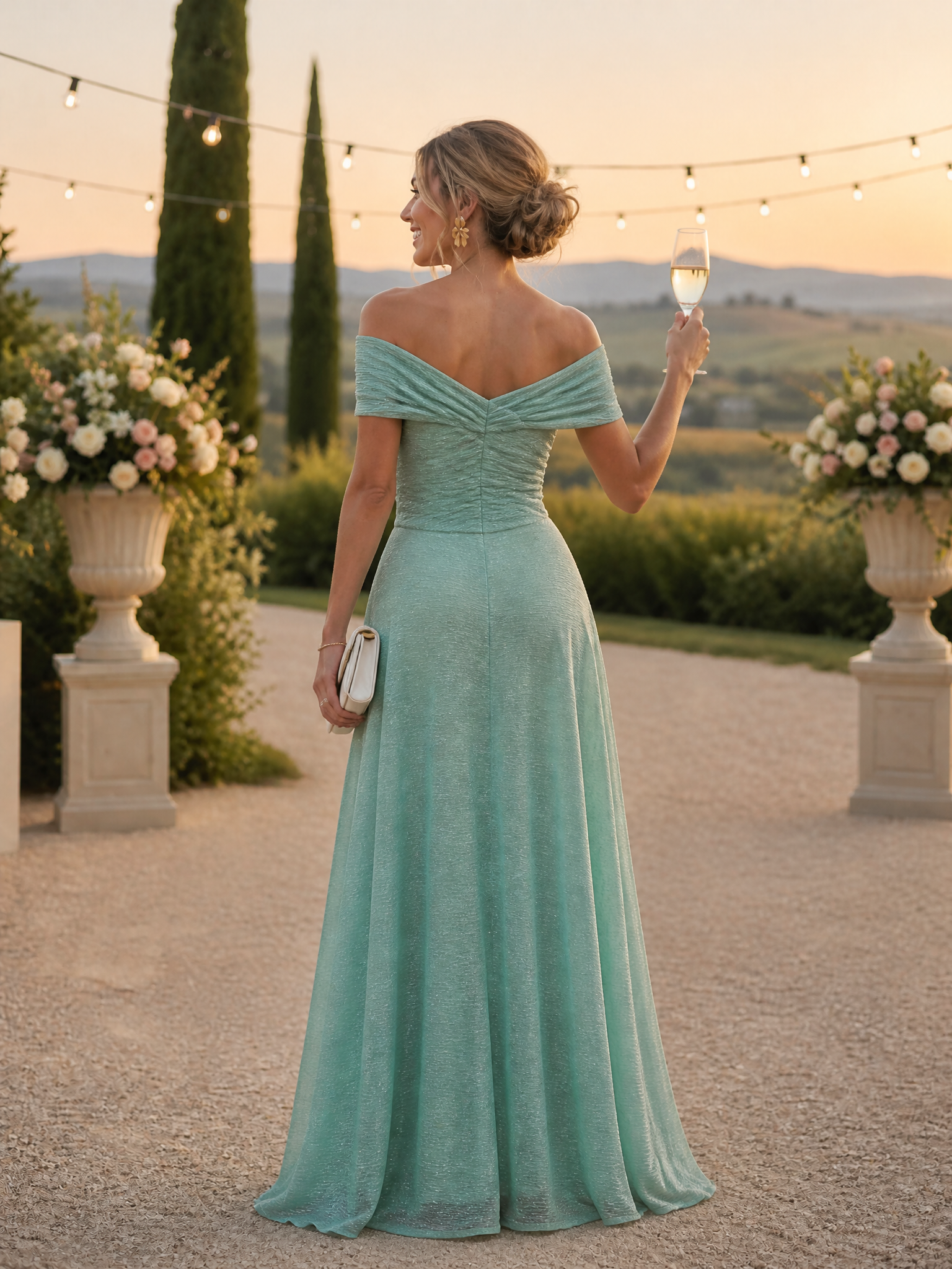Off-Shoulder Draped Metallic Maxi Evening Dress