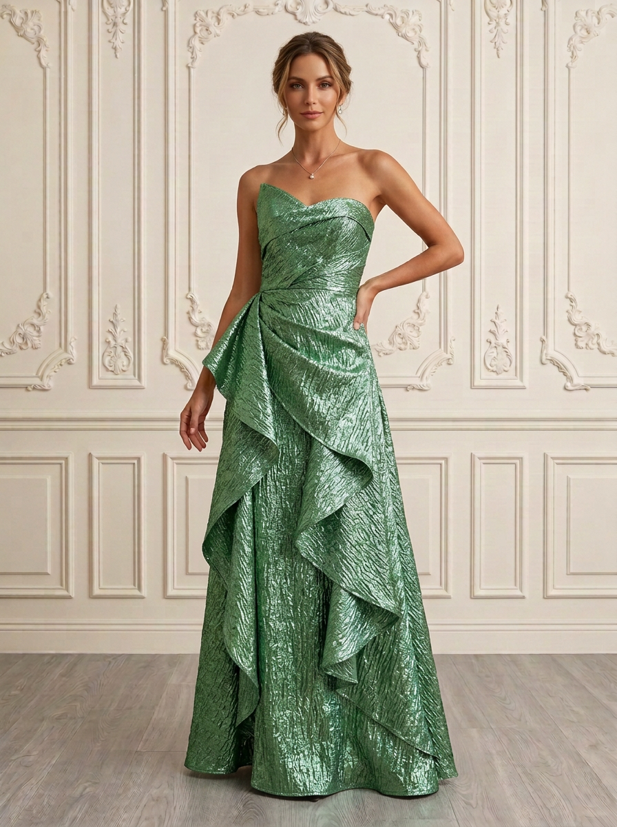 Strapless Metallic Ruffle Slit Maxi Dress