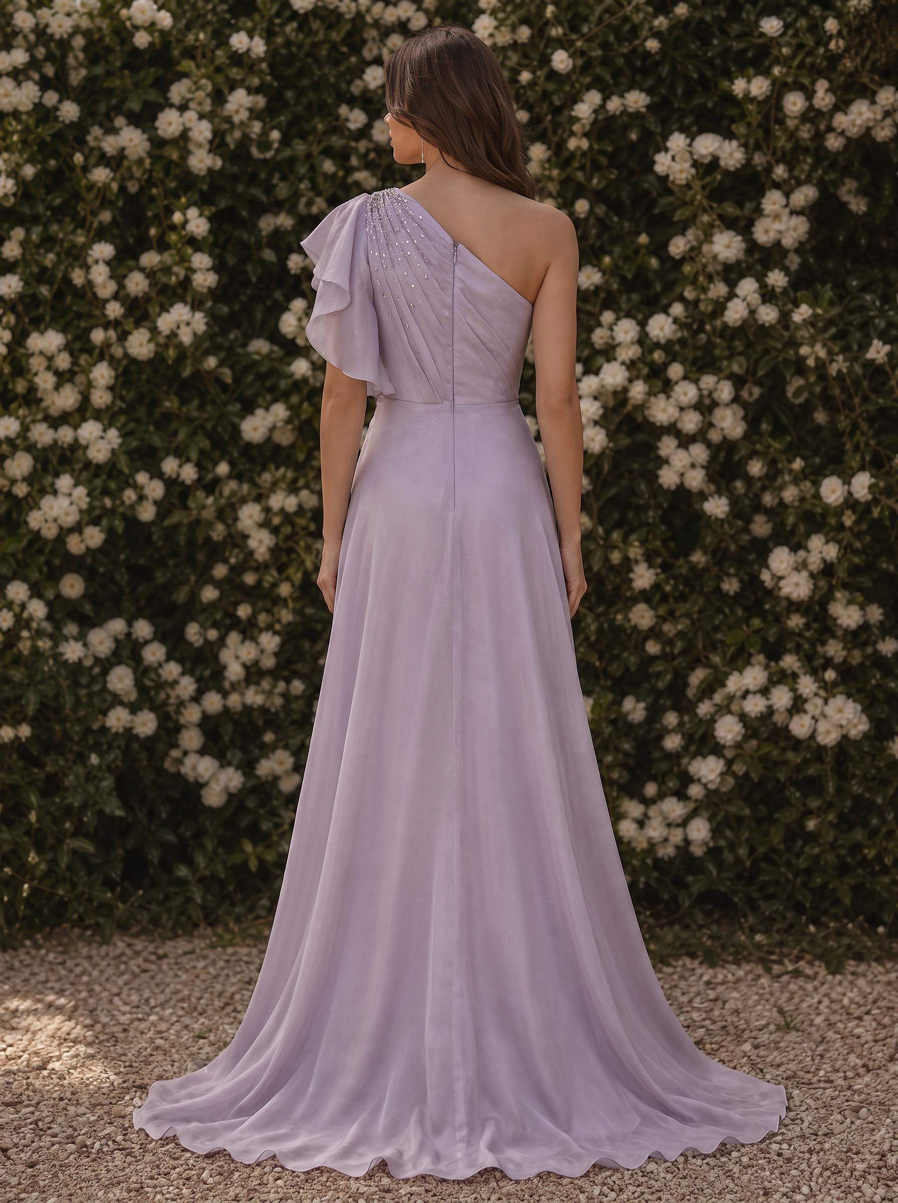 One-Shoulder Ruffle Beaded Chiffon Maxi Dress