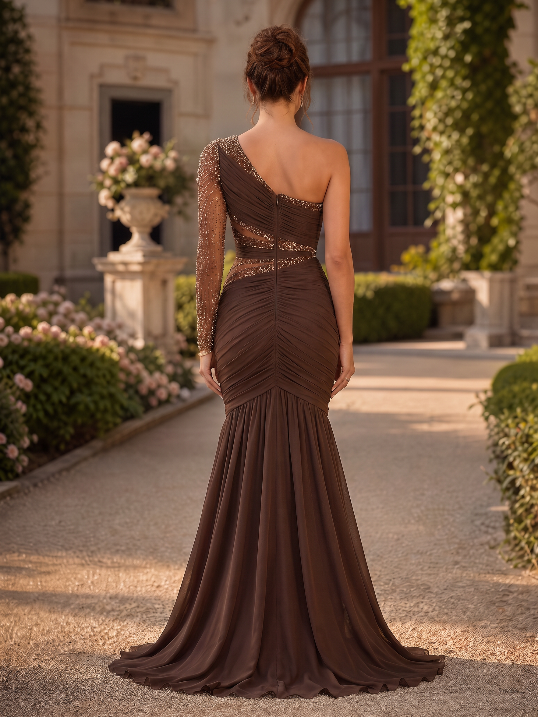 One-Shoulder Beaded Chiffon Mermaid Evening Gown