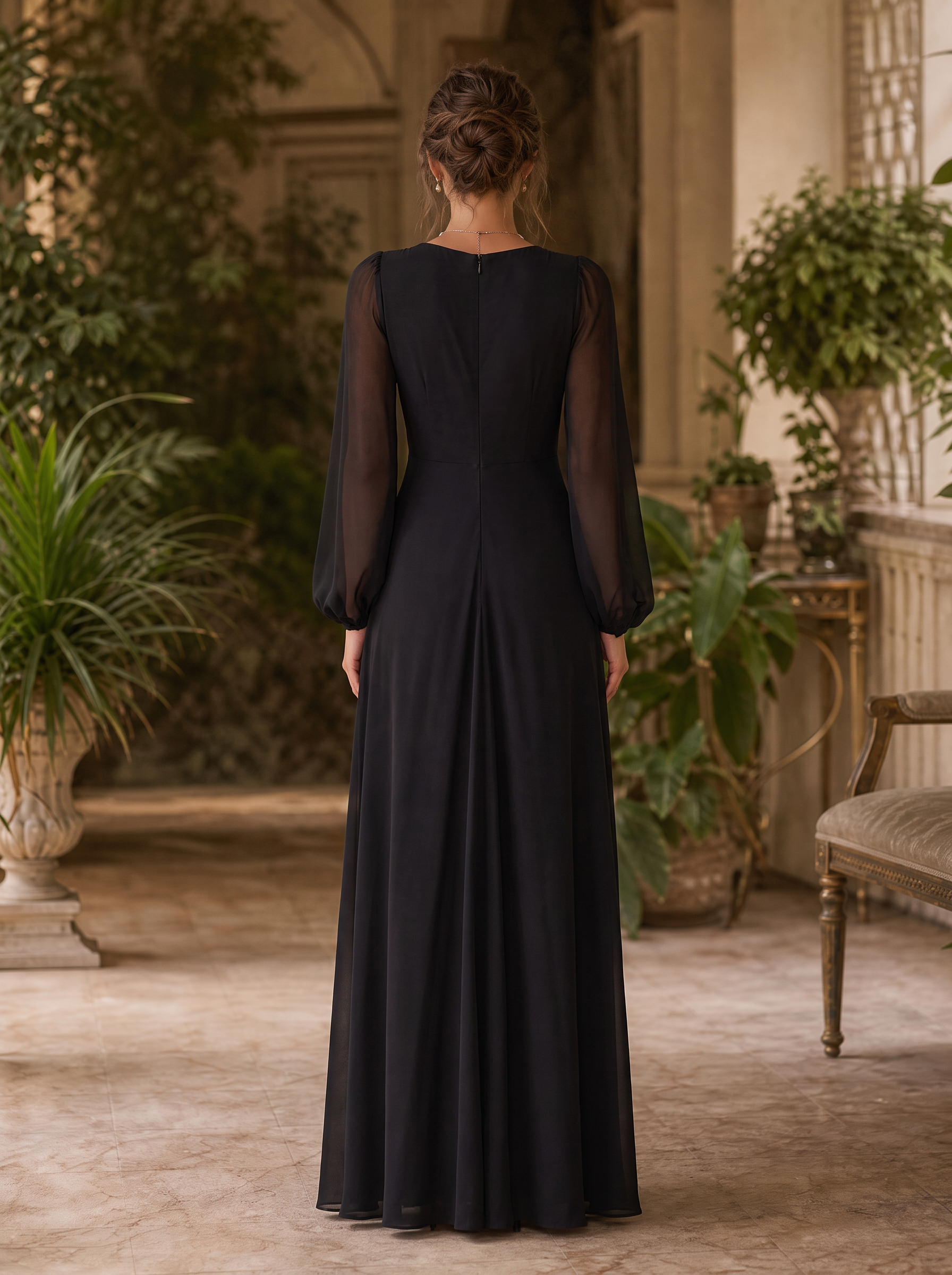 Chiffon Long Sleeve Color Block Pleated Evening Gown