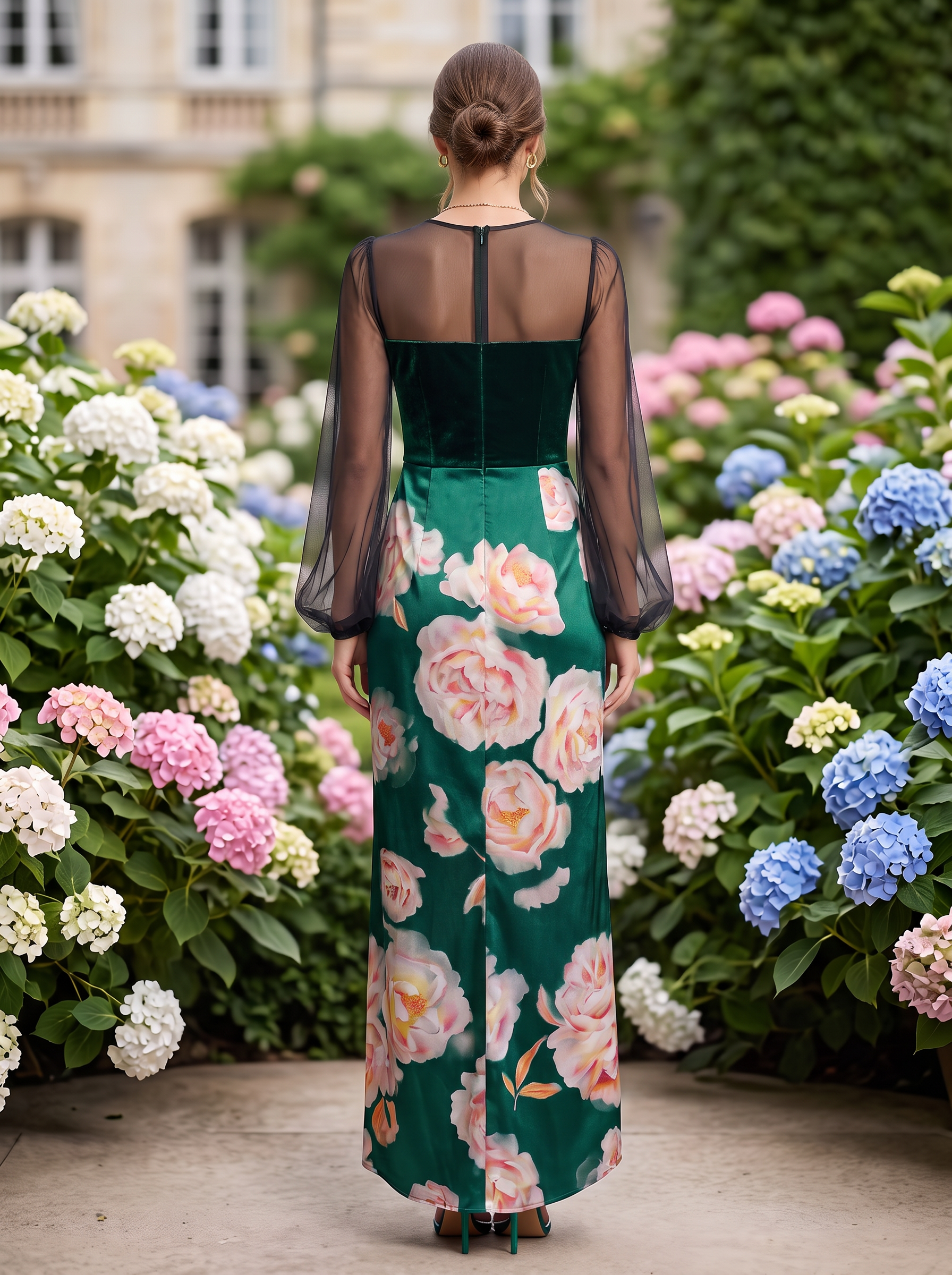 Emerald Green Velvet And Satin Floral Print Long Sleeve Maxi Dress