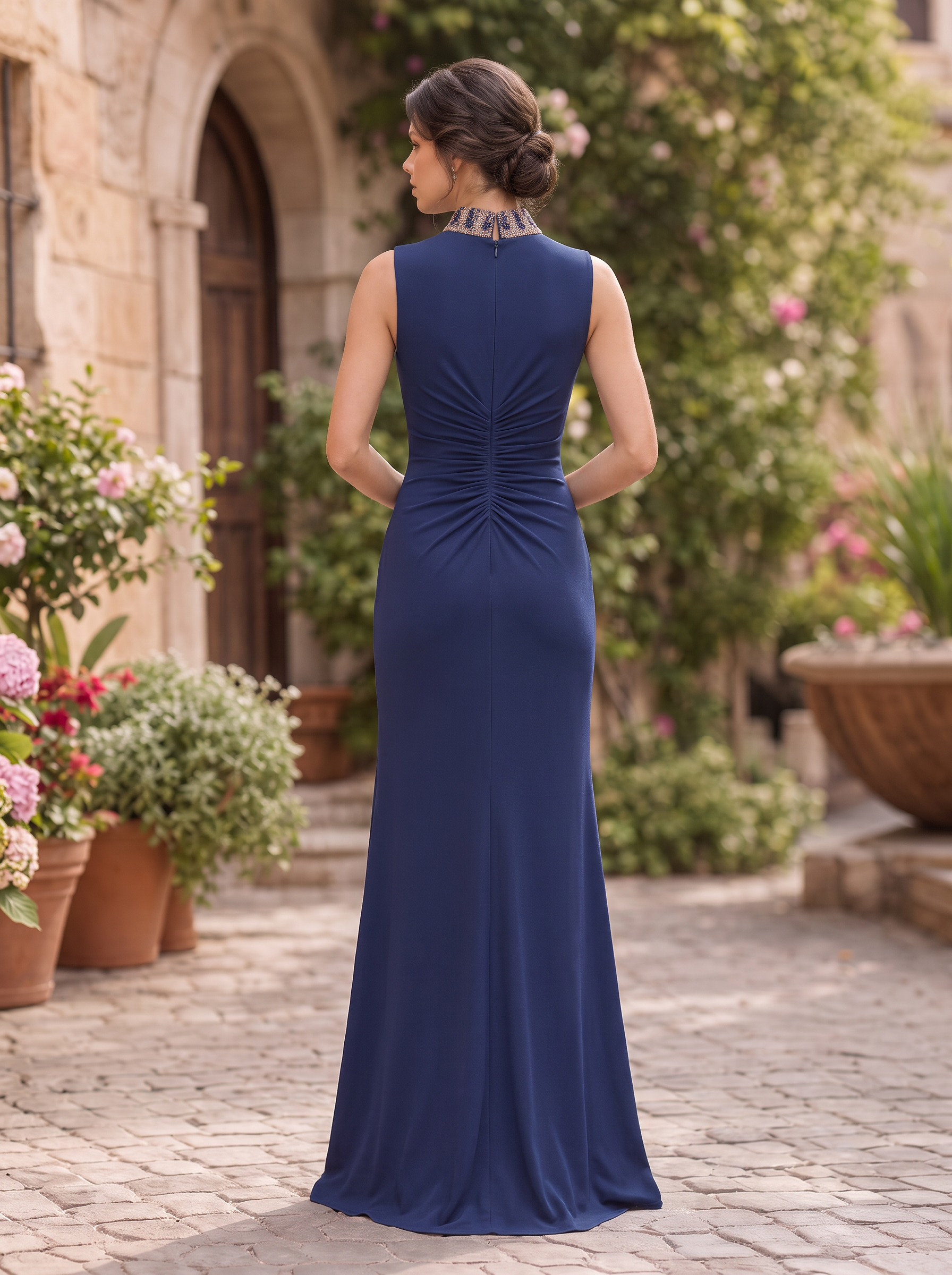 Beaded Collar Crepe Sleeveless Slit Evening Gown